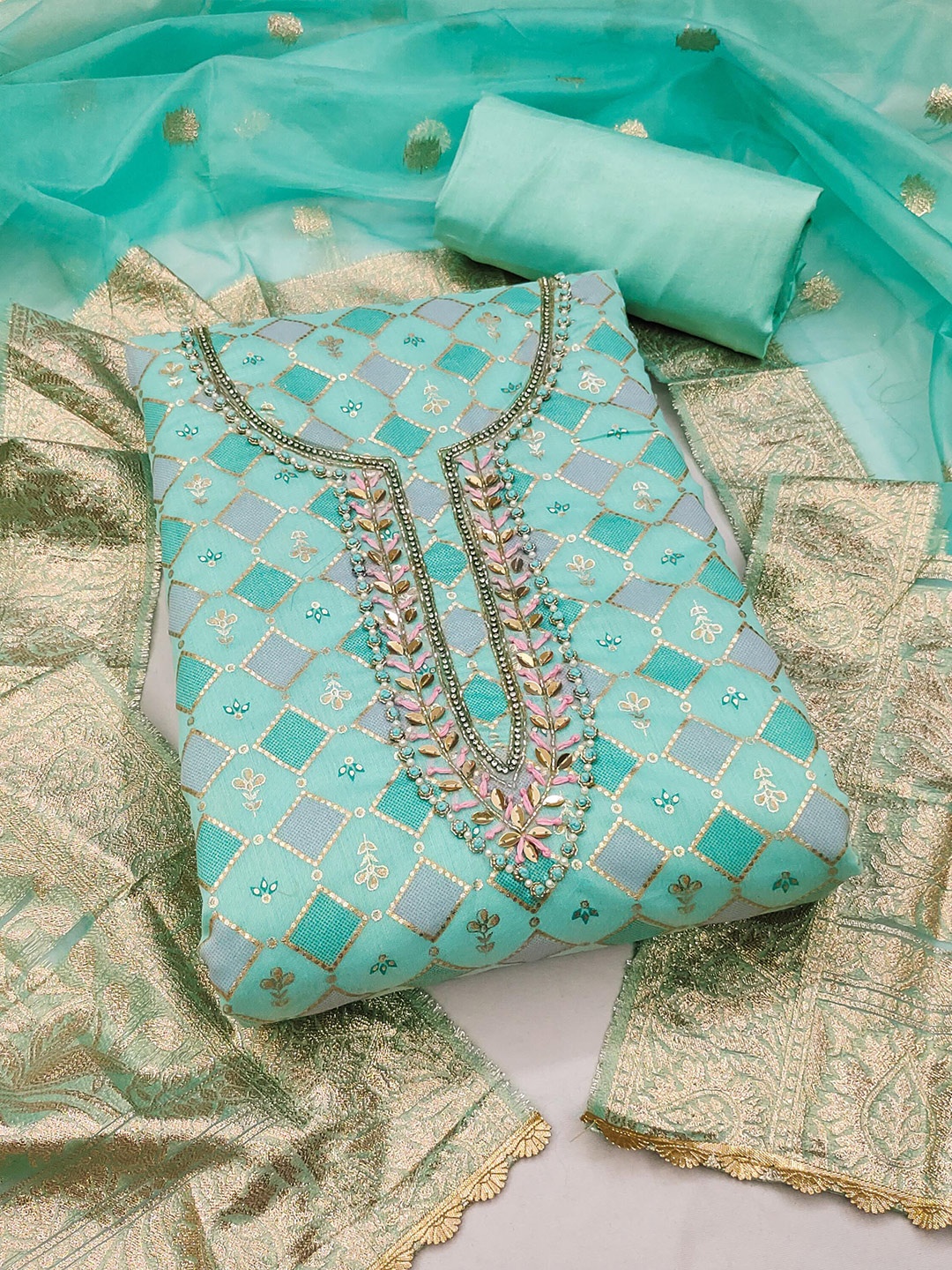 

MANVAA Geometric Embroidered Unstitched Dress Material, Sea green