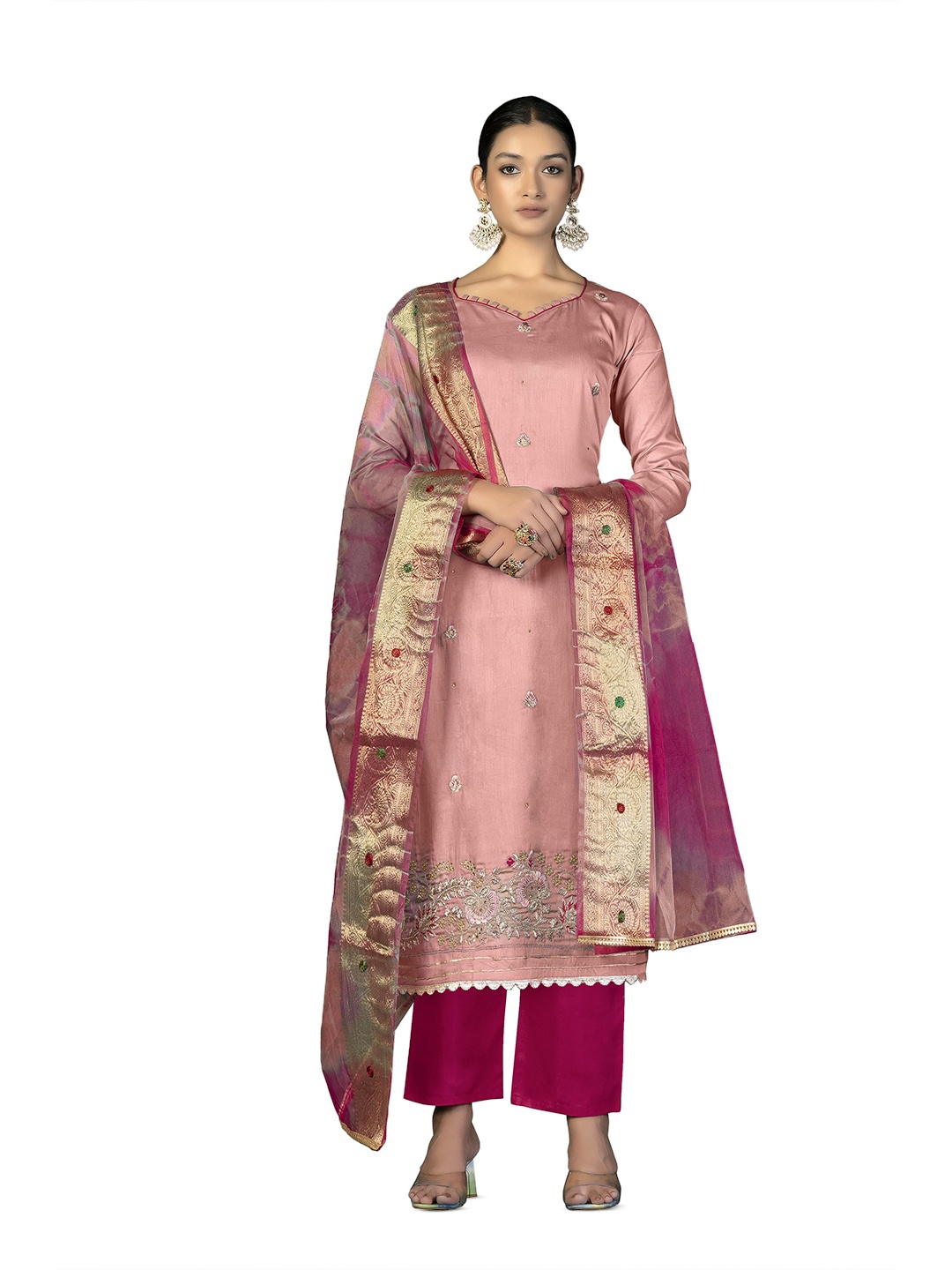 

MANVAA Floral Embellished Unstitched Dress Material, Peach