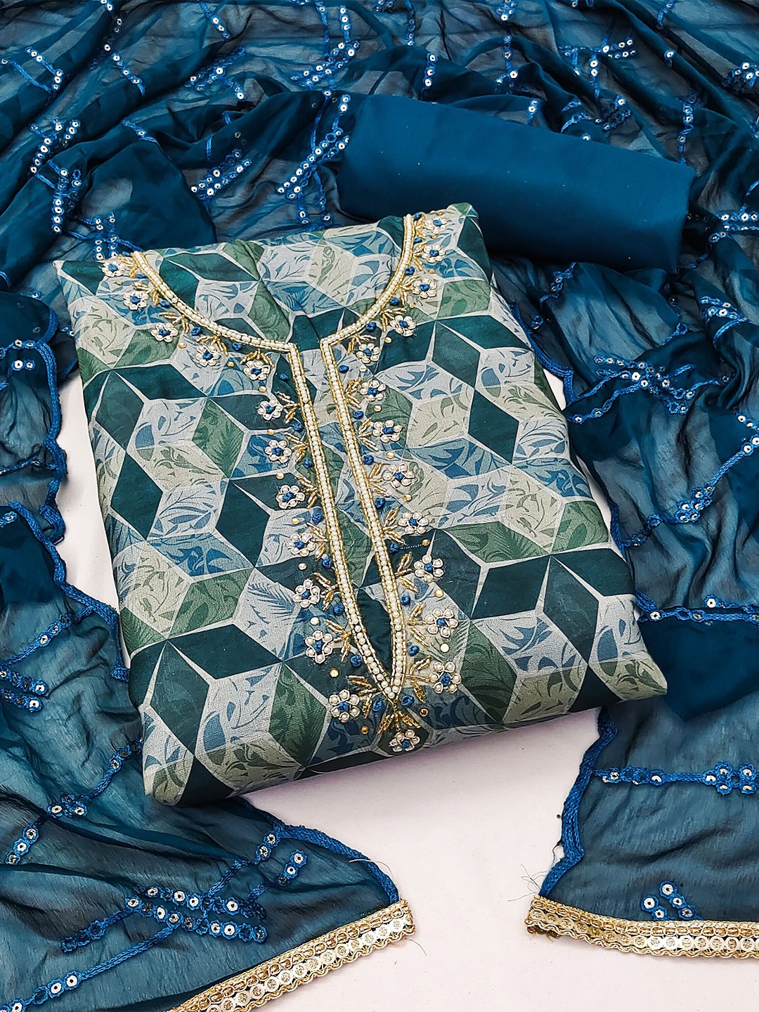 

MANVAA Geometric Printed Unstitched Dress Material, Blue