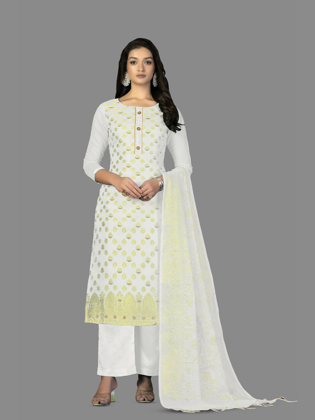 

MANVAA Ethnic Motifs Woven Design Unstitched Dress Material, White