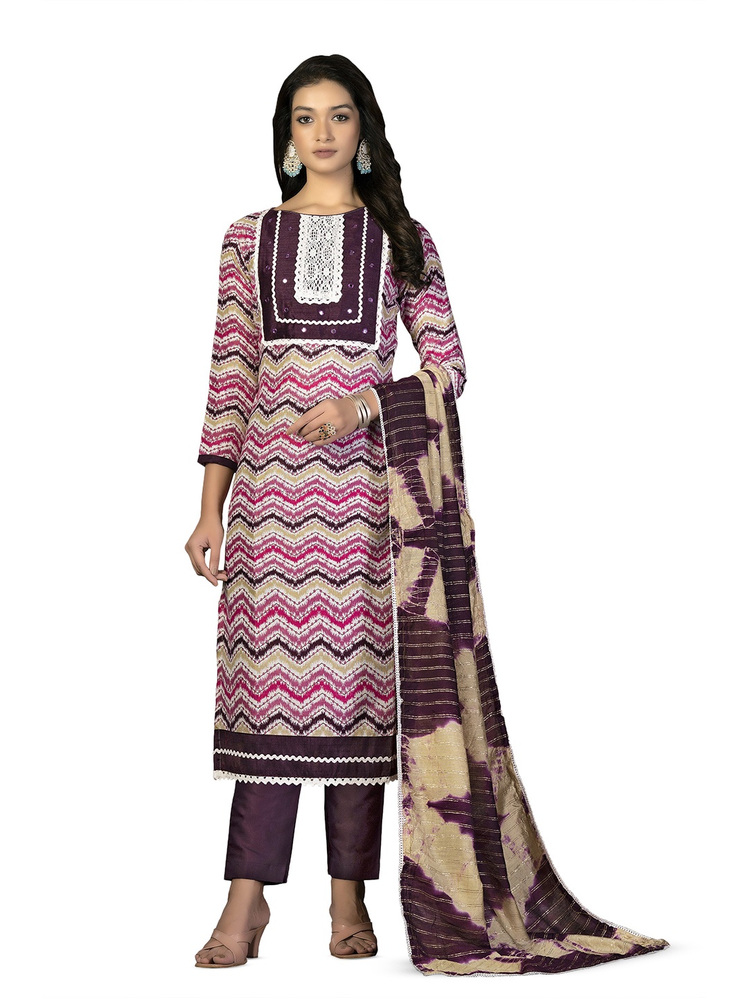 

MANVAA Chevron Printed Mirror Work Pure Cotton Unstitched Dress Material, Purple
