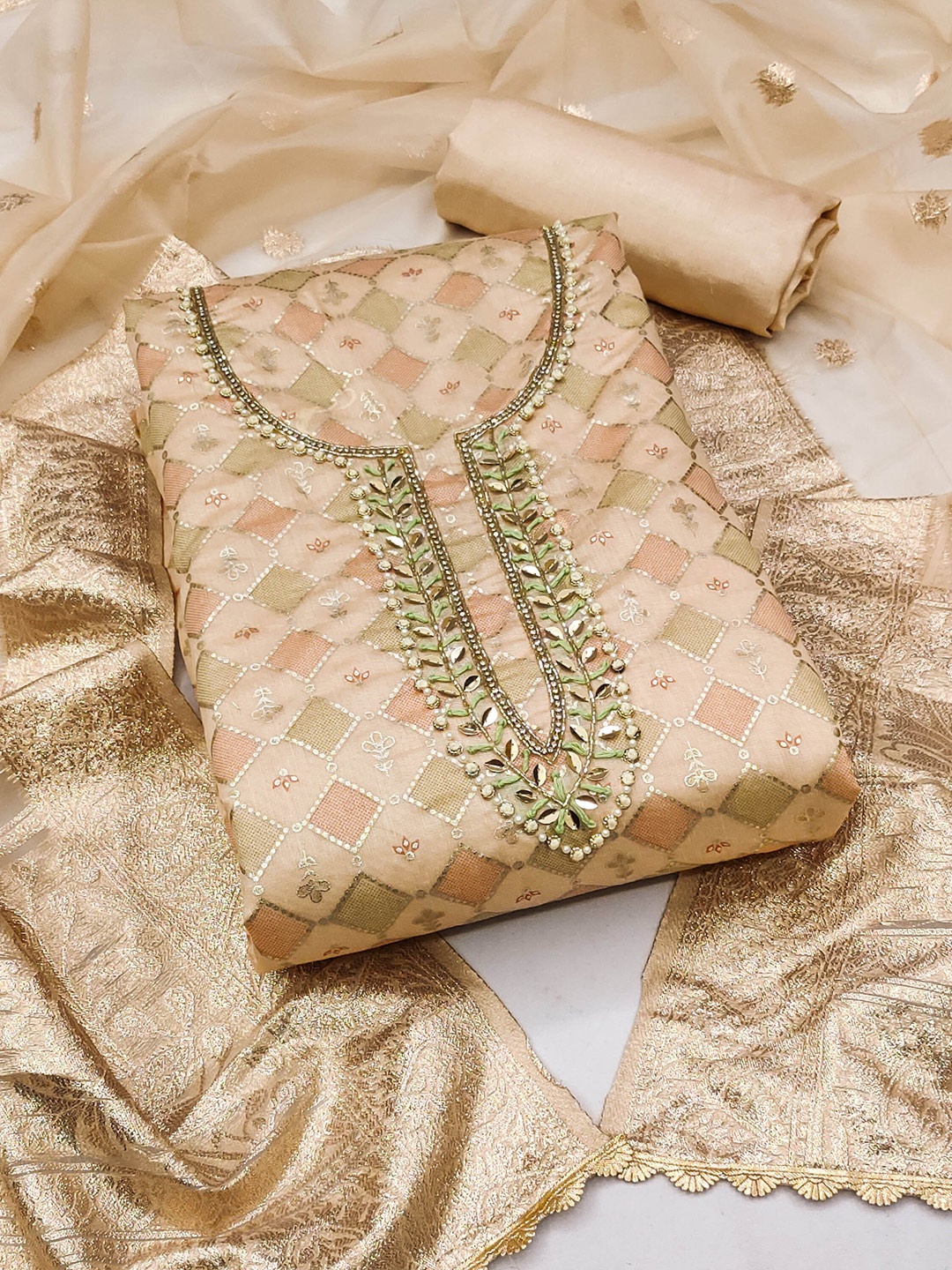 

MANVAA Geometric Embroidered Unstitched Dress Material, Beige