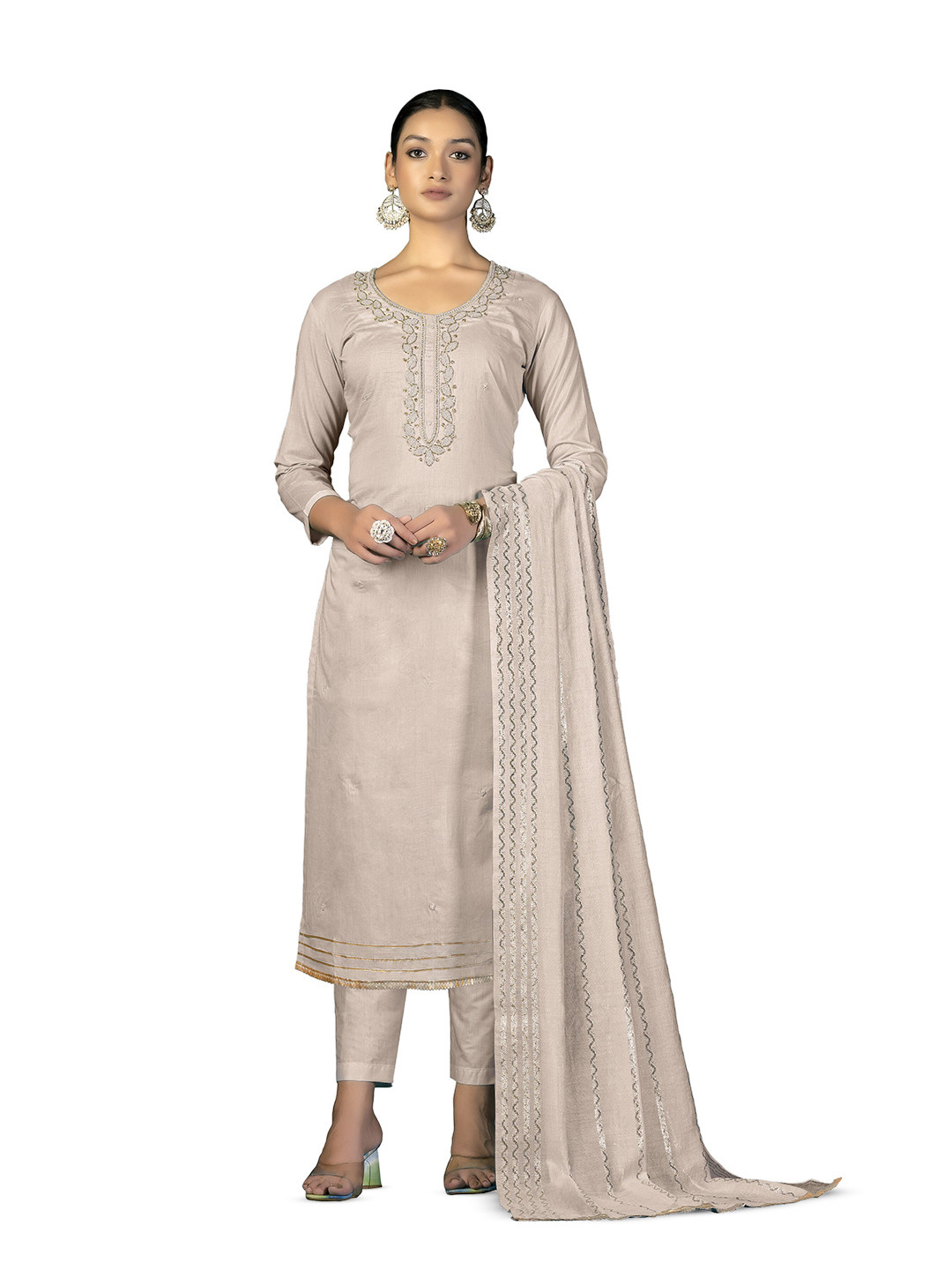 

MANVAA Embellished Unstitched Dress Material, Beige