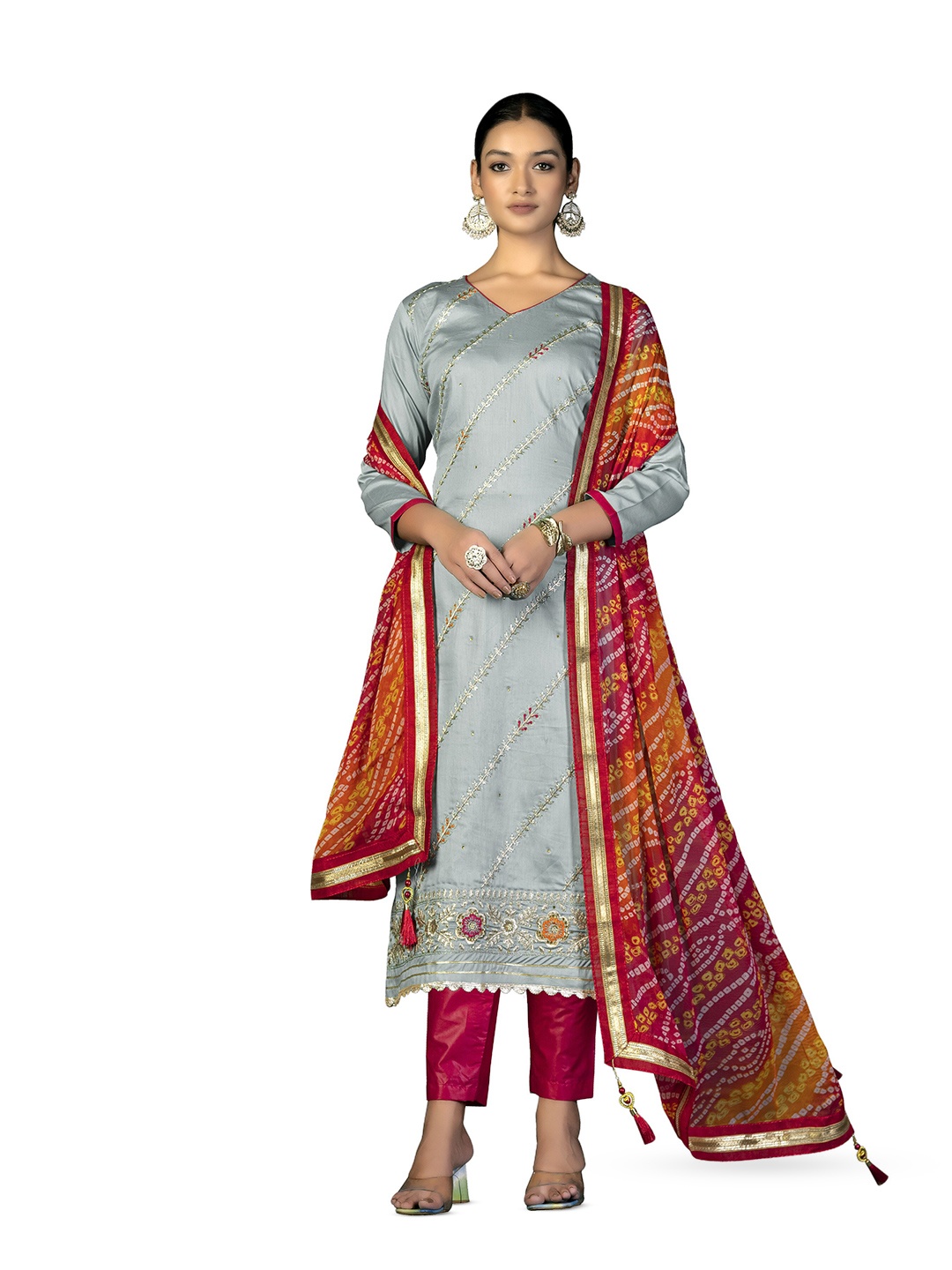 

MANVAA Floral Embroidered Unstitched Dress Material, Grey