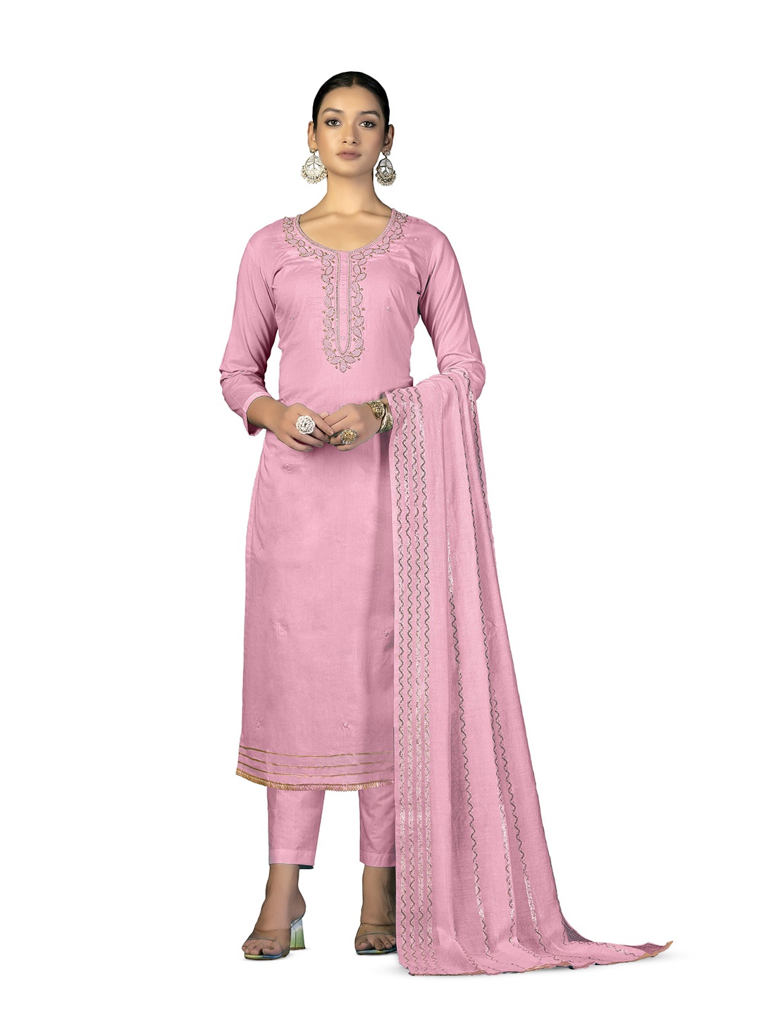 

MANVAA Ethnic Motifs Embroidered Unstitched Dress Material, Pink