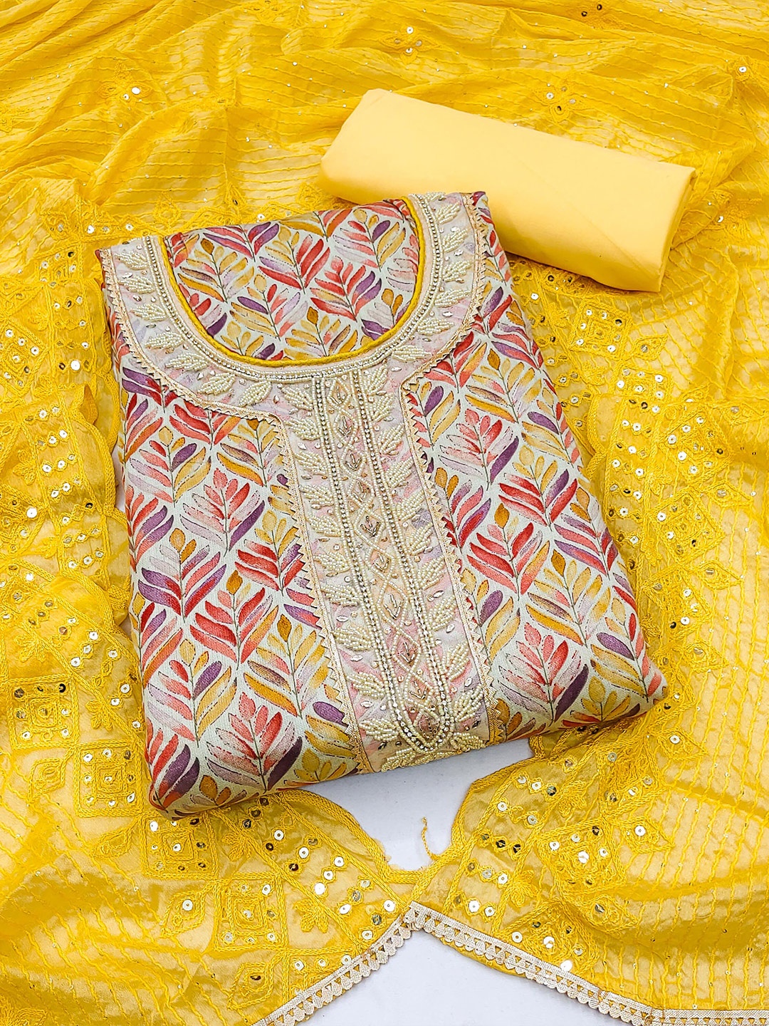 

MANVAA Floral Embroidered Pure Cotton Unstitched Dress Material, White