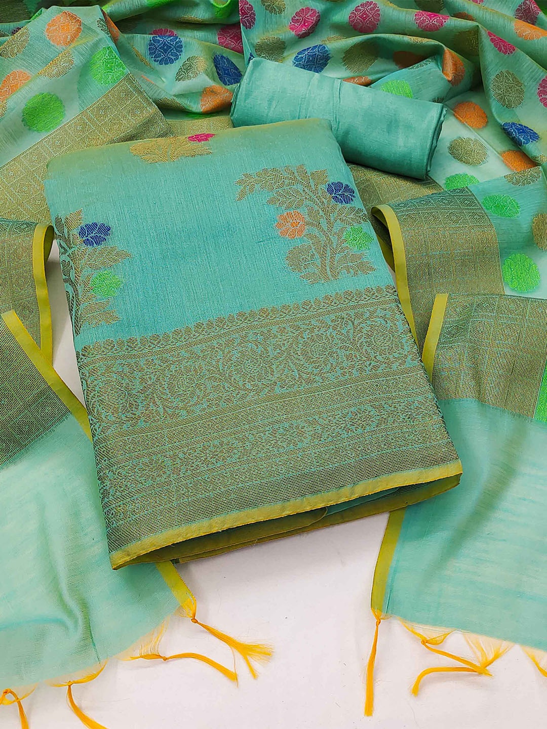 

MANVAA Floral Woven Design Pure Silk Unstitched Dress Material, Sea green
