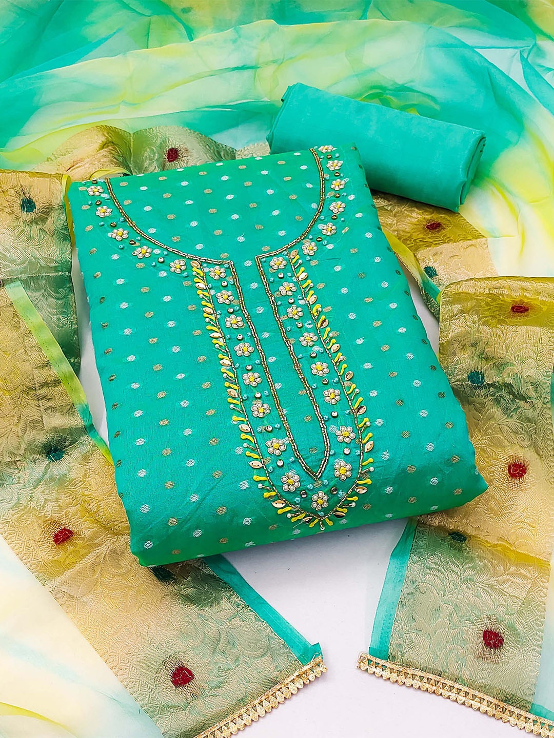 

MANVAA Geometric Woven Design Pure Cotton Unstitched Dress Material, Sea green