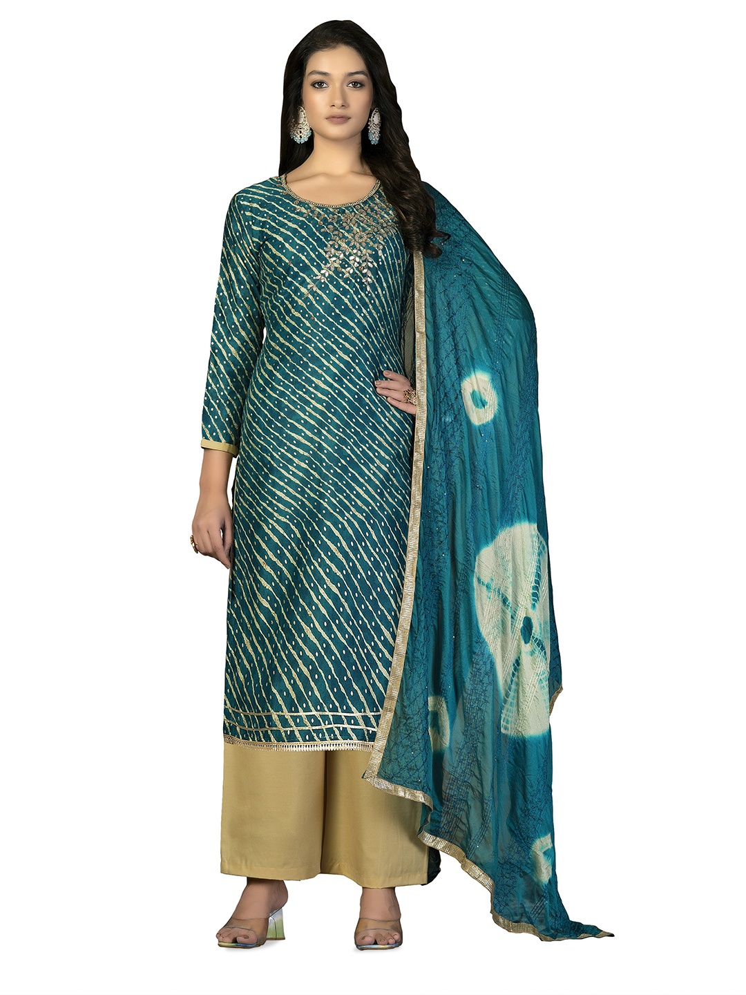 

MANVAA Leheriya Striped Printed Gotta Patti Unstitched Dress Material, Sea green