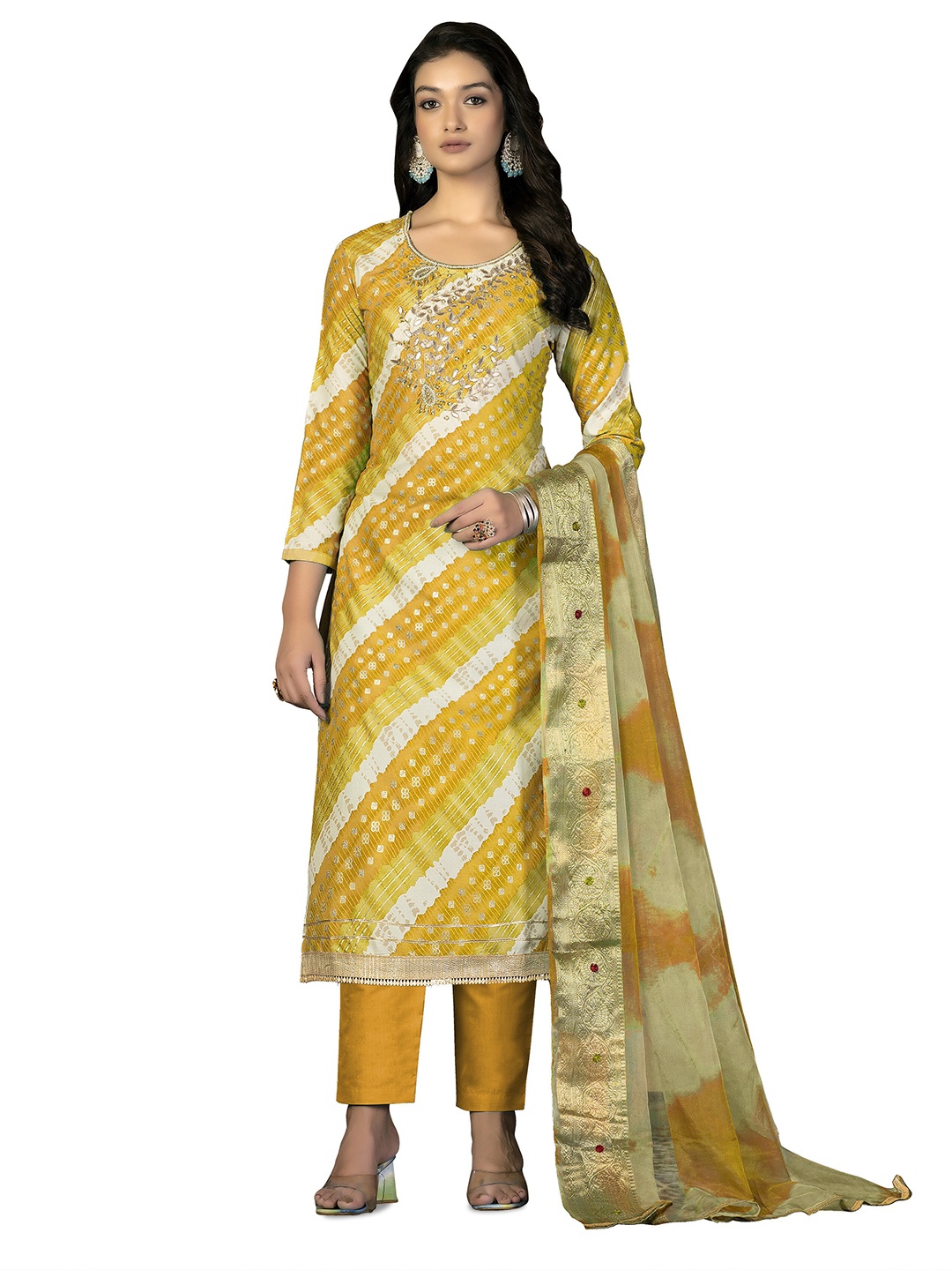 

MANVAA Leheriya Printed Zardosi Detailed Unstitched Dress Material, Yellow