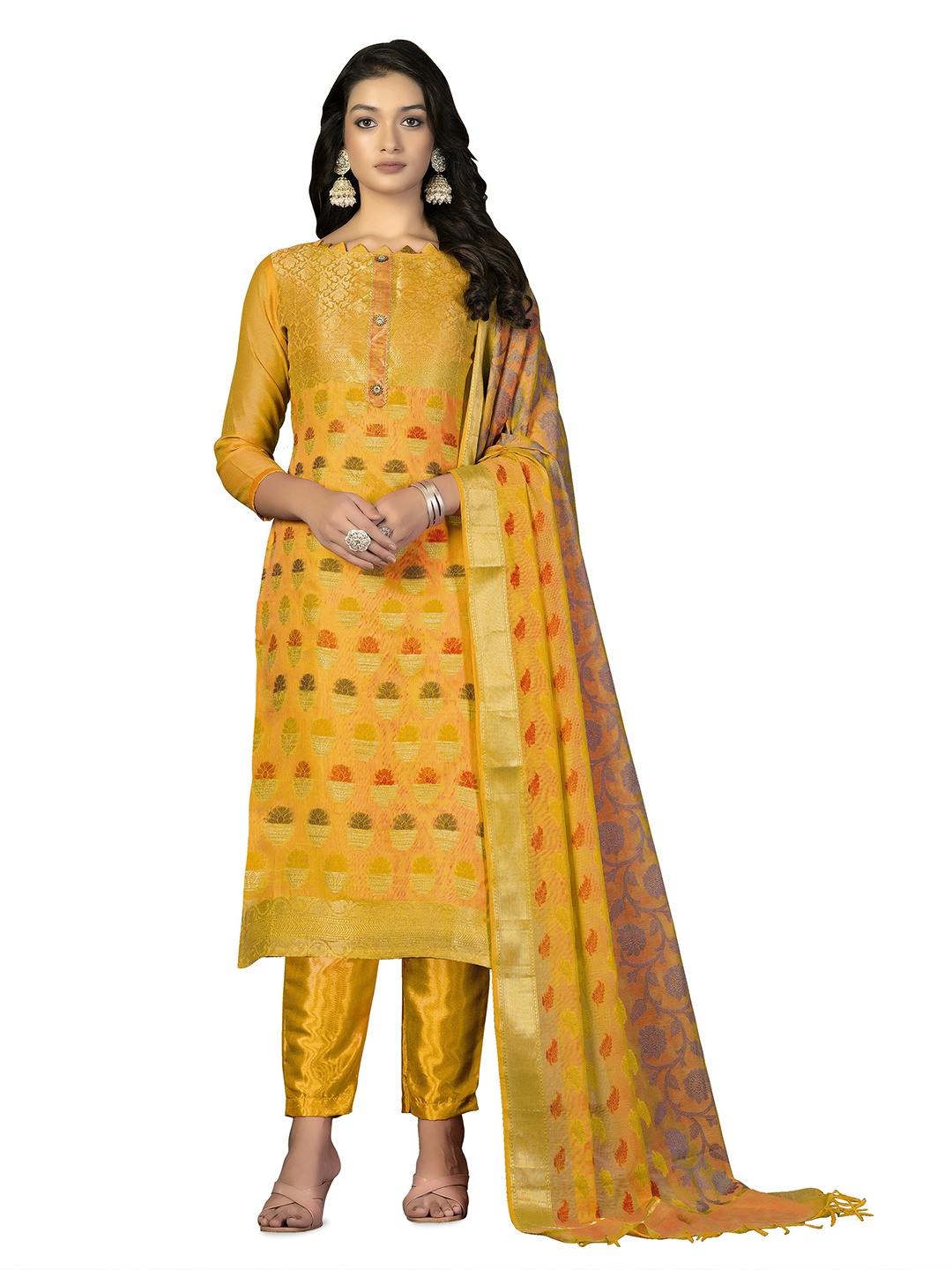 

MANVAA Floral Woven Design Unstitched Dress Material, Yellow