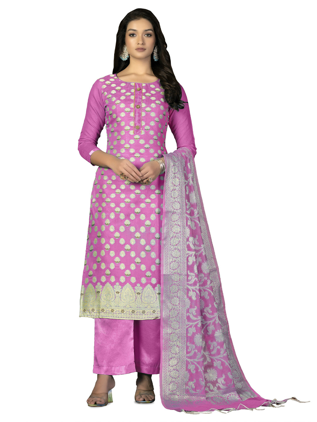 

MANVAA FloralWoven Design Zari Detai Unstitched Dress Material, Pink