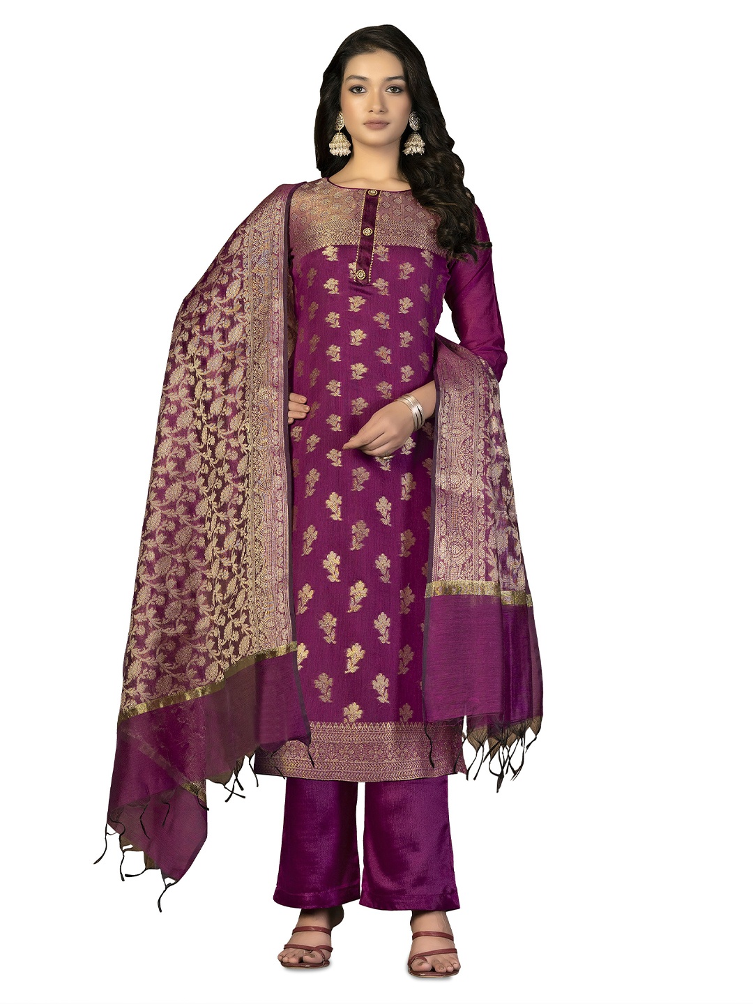 

MANVAA Pure Silk Unstitched Dress Material, Magenta