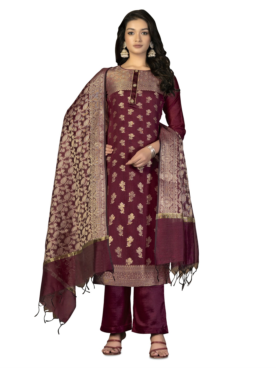 

MANVAA Floral Woven Design Zari Detail Unstitched Dress Material, Maroon