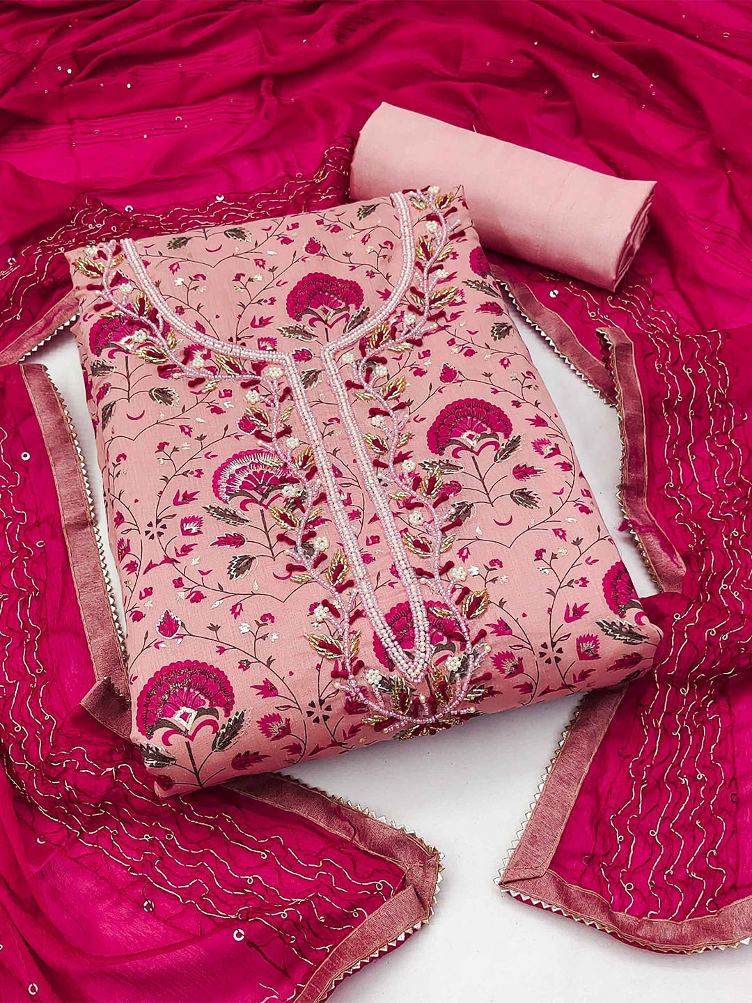 

MANVAA Floral Printed Pure Silk Unstitched Dress Material, Pink