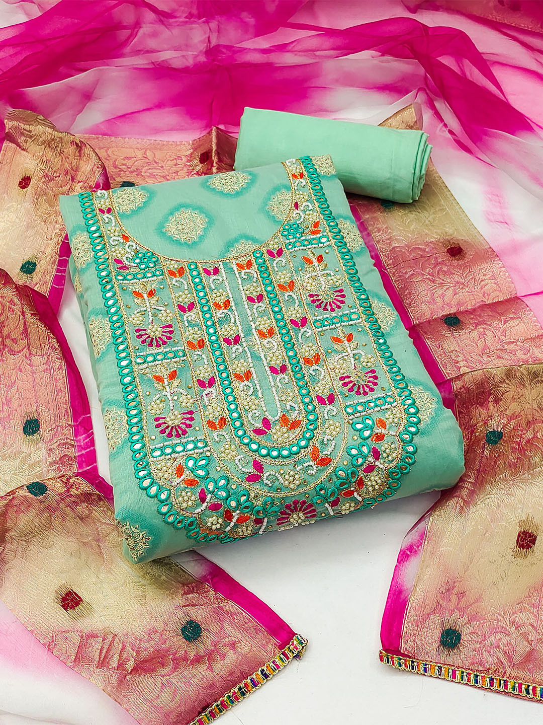 

MANVAA Ethnic Motifs Embroidered Unstitched Dress Material, Sea green