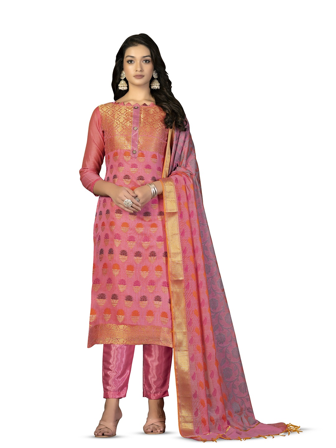 

MANVAA Floral Woven Design Unstitched Dress Material, Pink