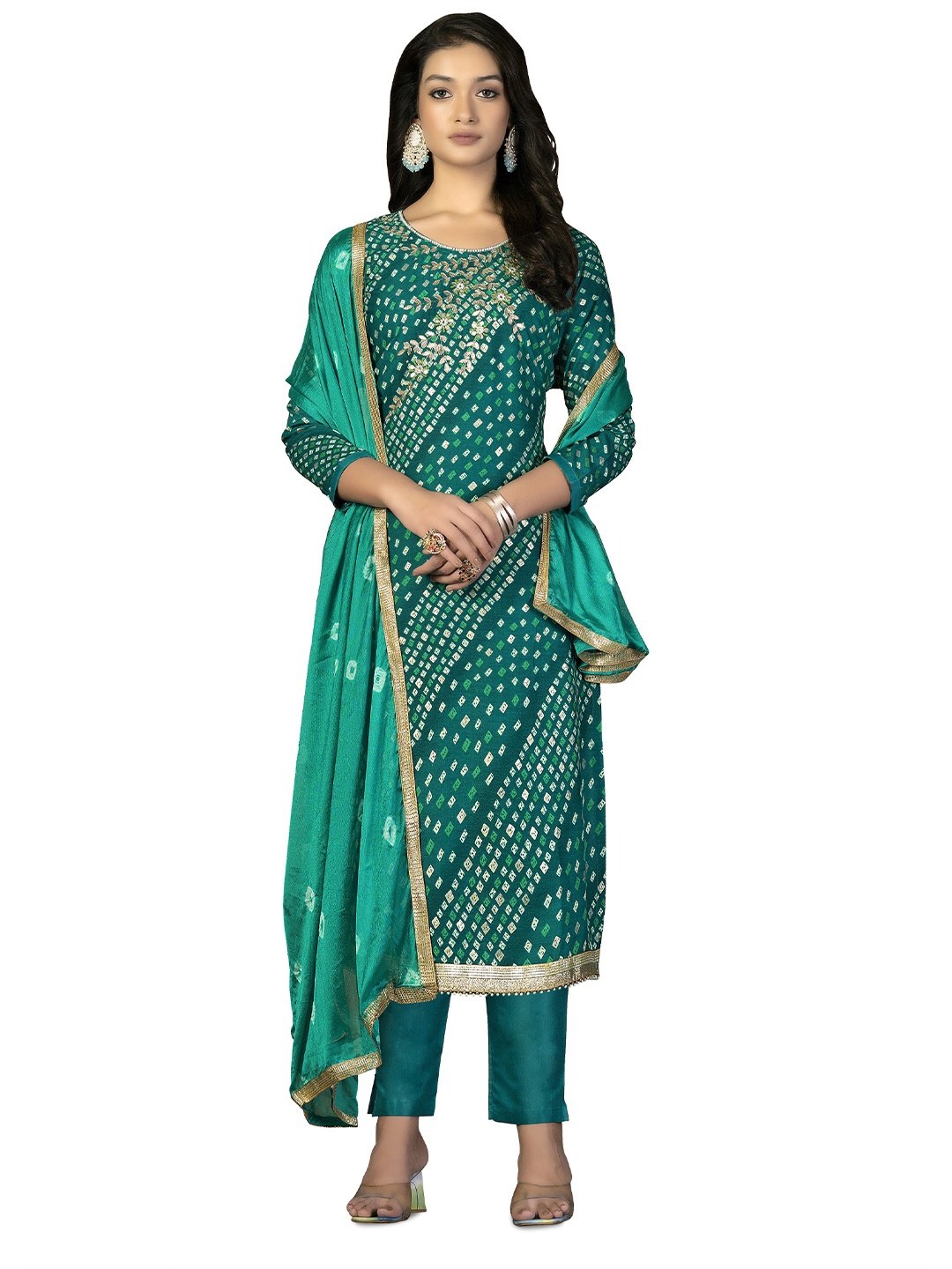 

MANVAA Green & Gold-Toned Printed Unstitched Dress Material