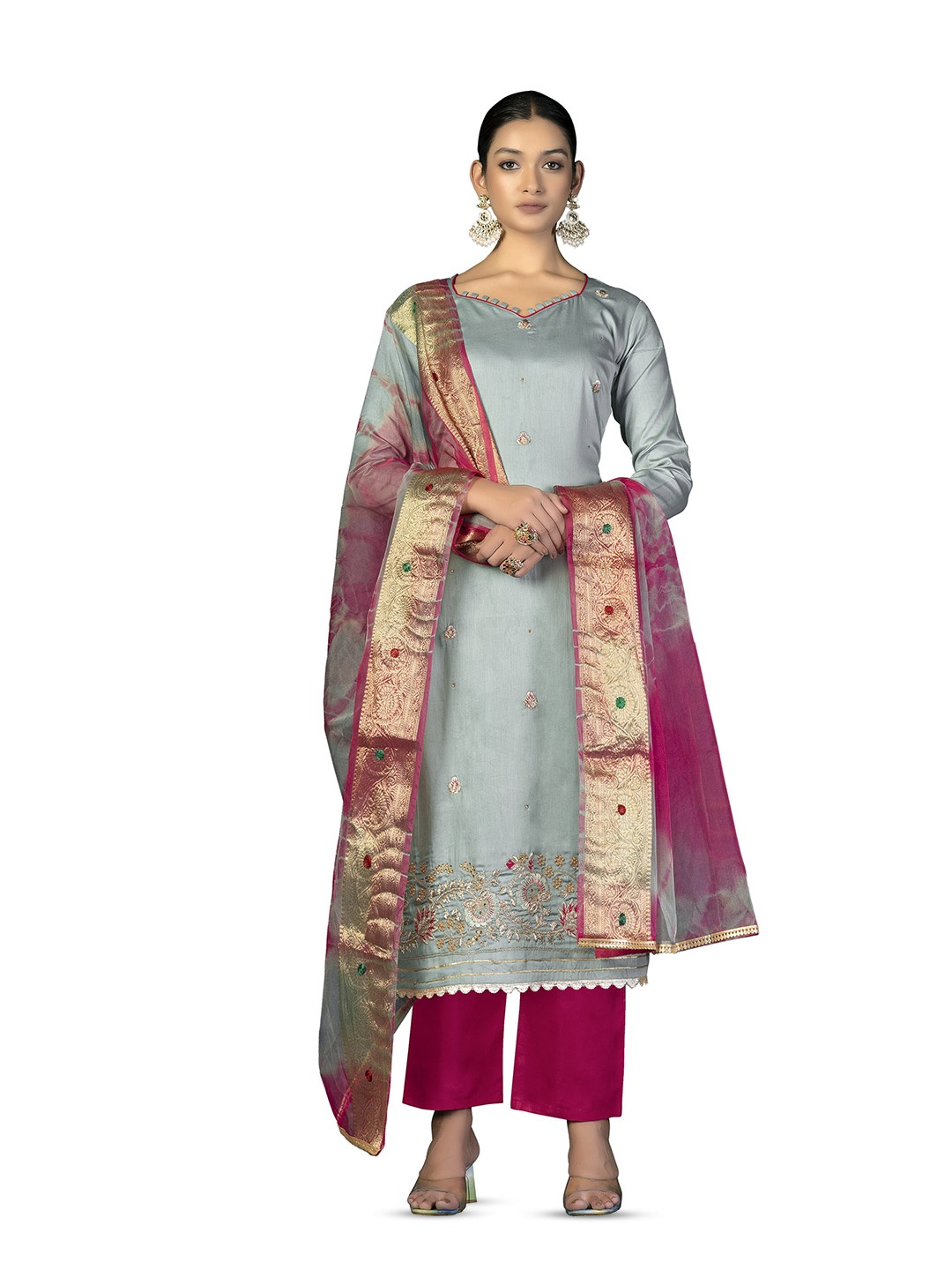 

MANVAA Floral Embellished Unstitched Dress Material, Grey