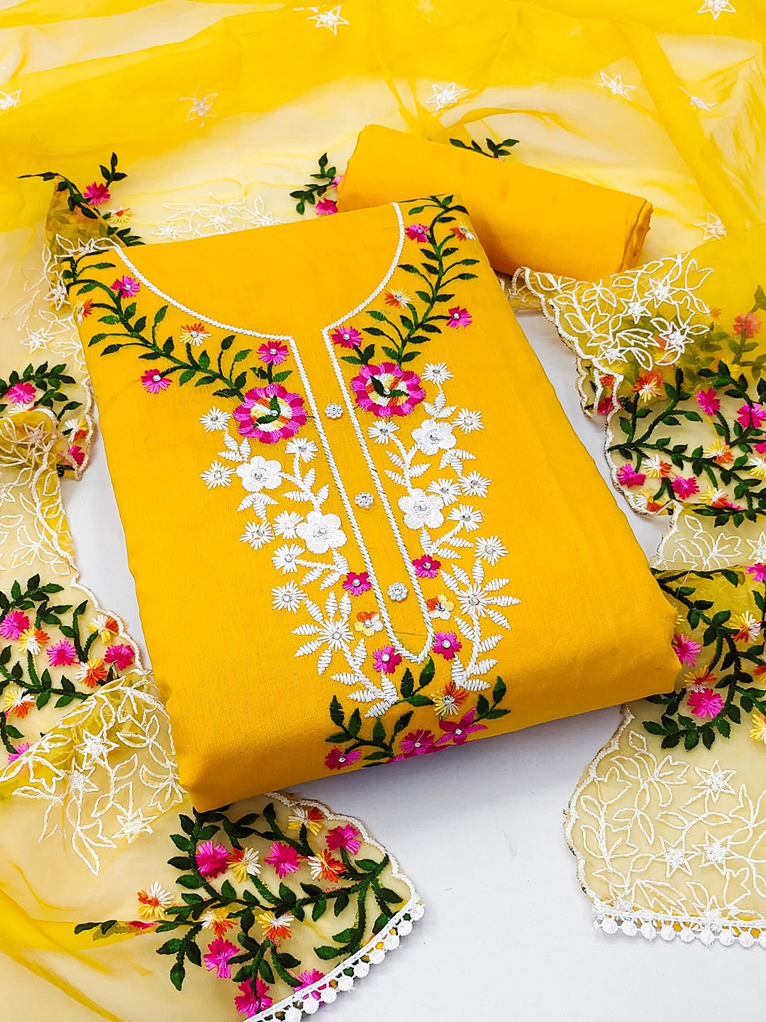 

MANVAA Floral Embroidered Unstitched Dress Material, Yellow
