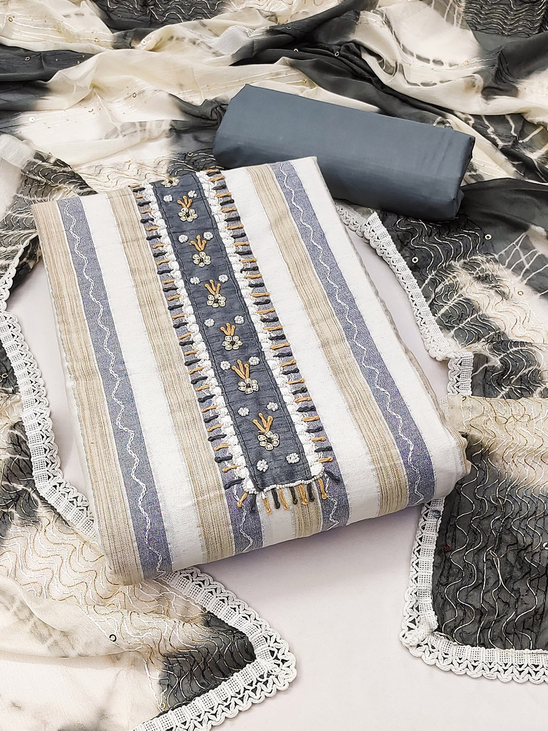 

MANVAA Striped Embroidered Unstitched Dress Material, Grey