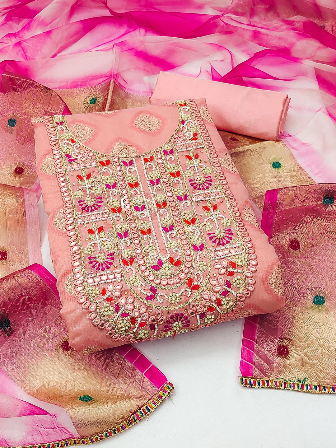 

MANVAA Ethnic Motifs Embroidered Unstitched Dress Material, Peach