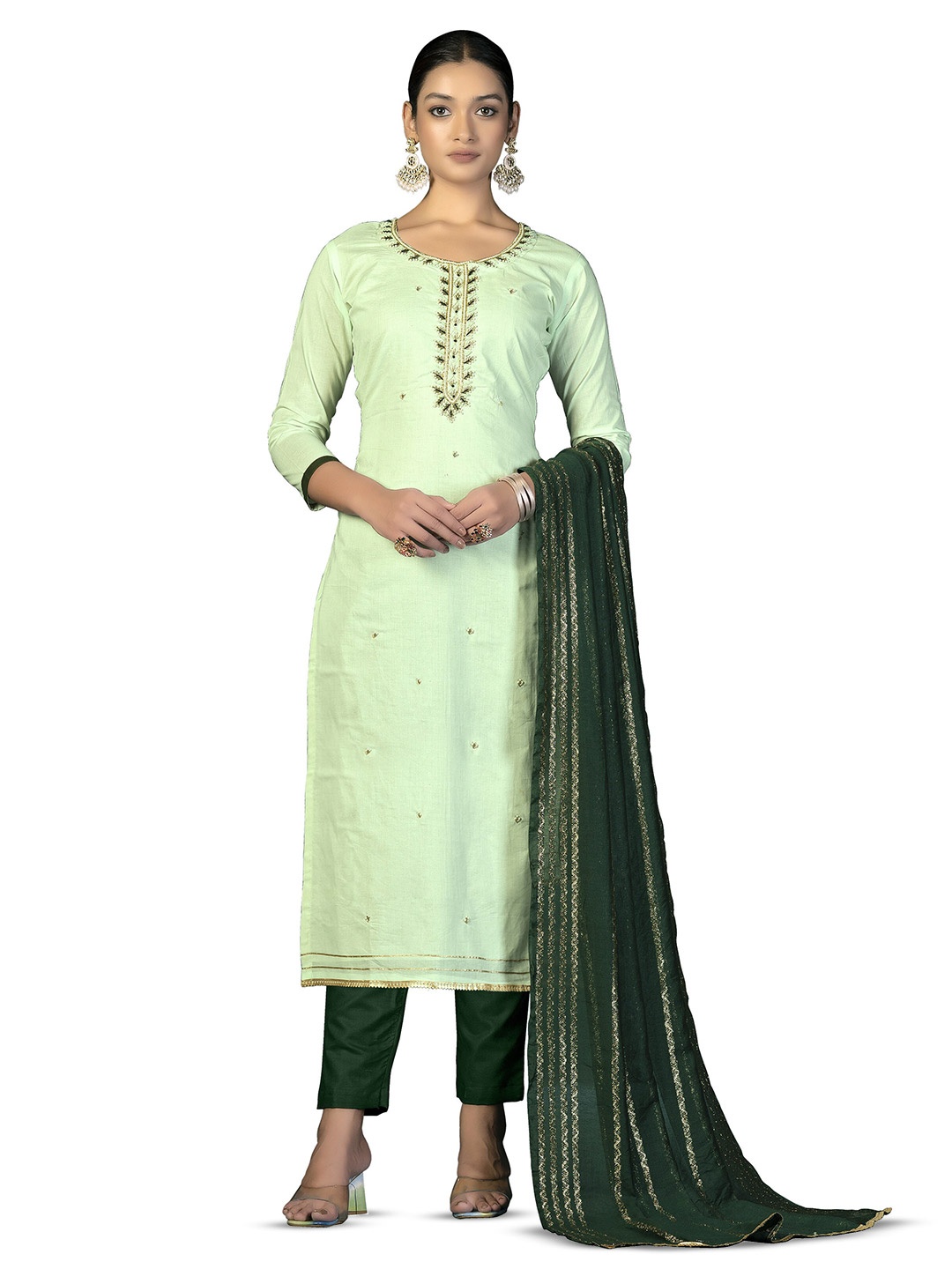 

MANVAA Floral Embroidered Unstitched Dress Material, Green