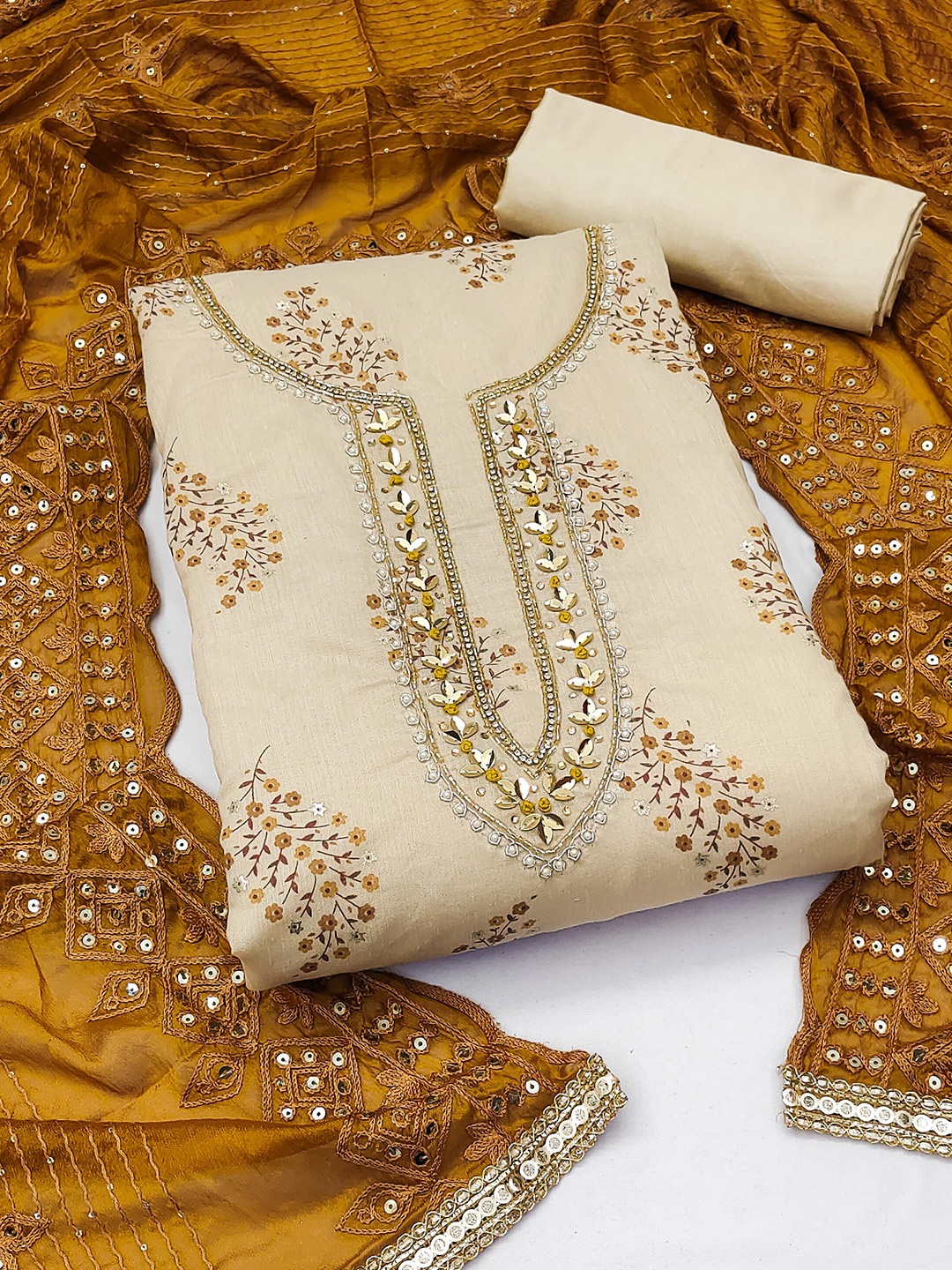

MANVAA Floral Embroidered Unstitched Dress Material, Beige