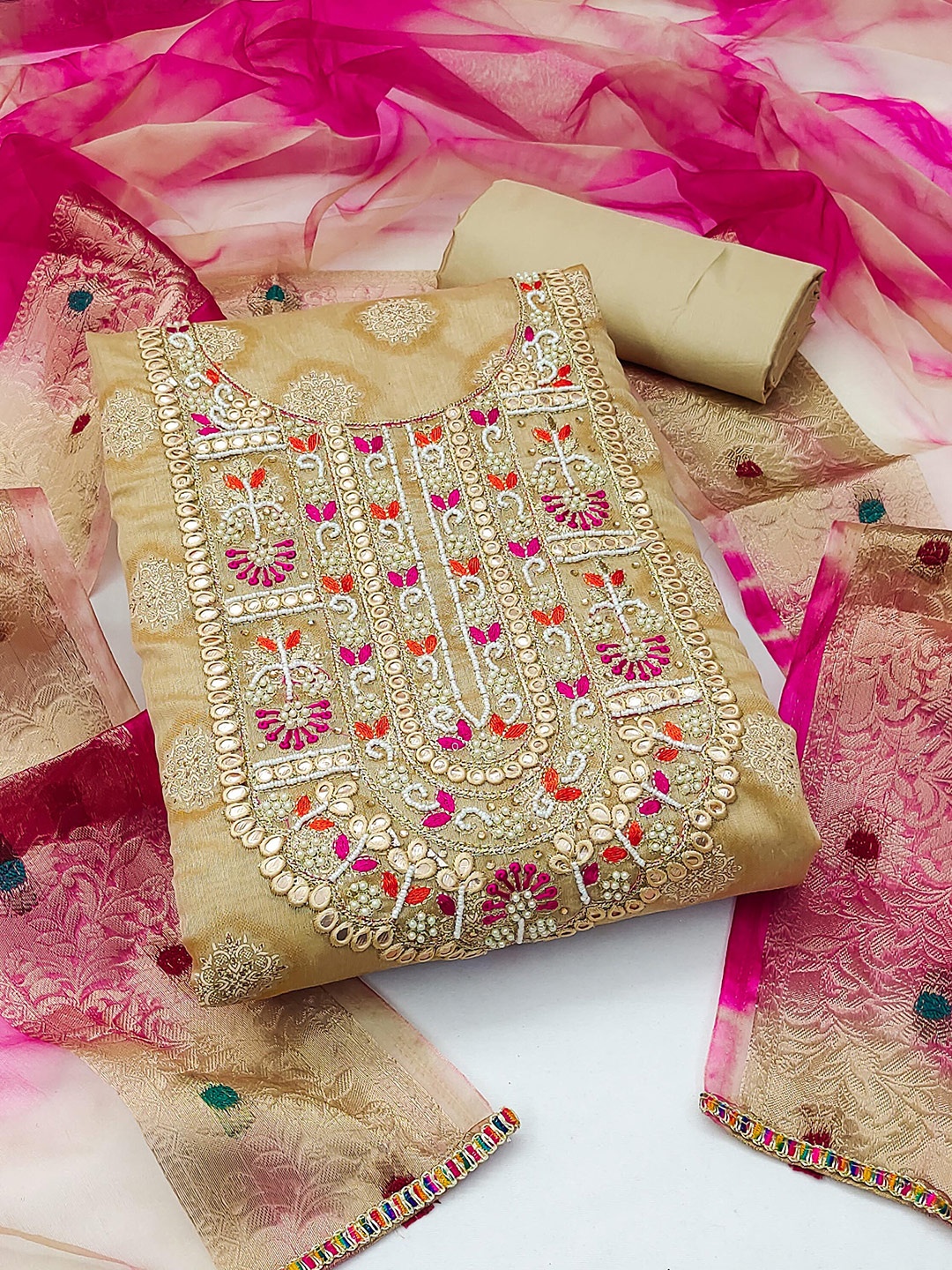 

MANVAA Ethnic Motifs Foil Printed Unstitched Dress Material, Beige