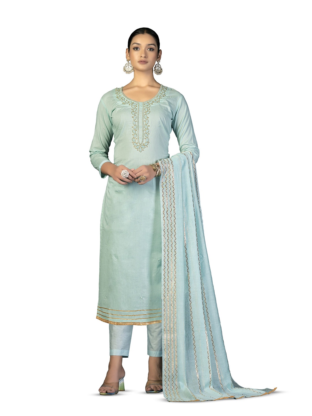 

MANVAA Ethnic Motifs Embroidered Unstitched Dress Material, Sea green