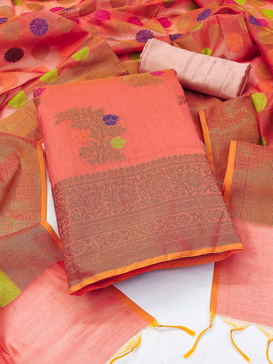

MANVAA Floral Woven Design Pure Silk Unstitched Dress Material, Peach