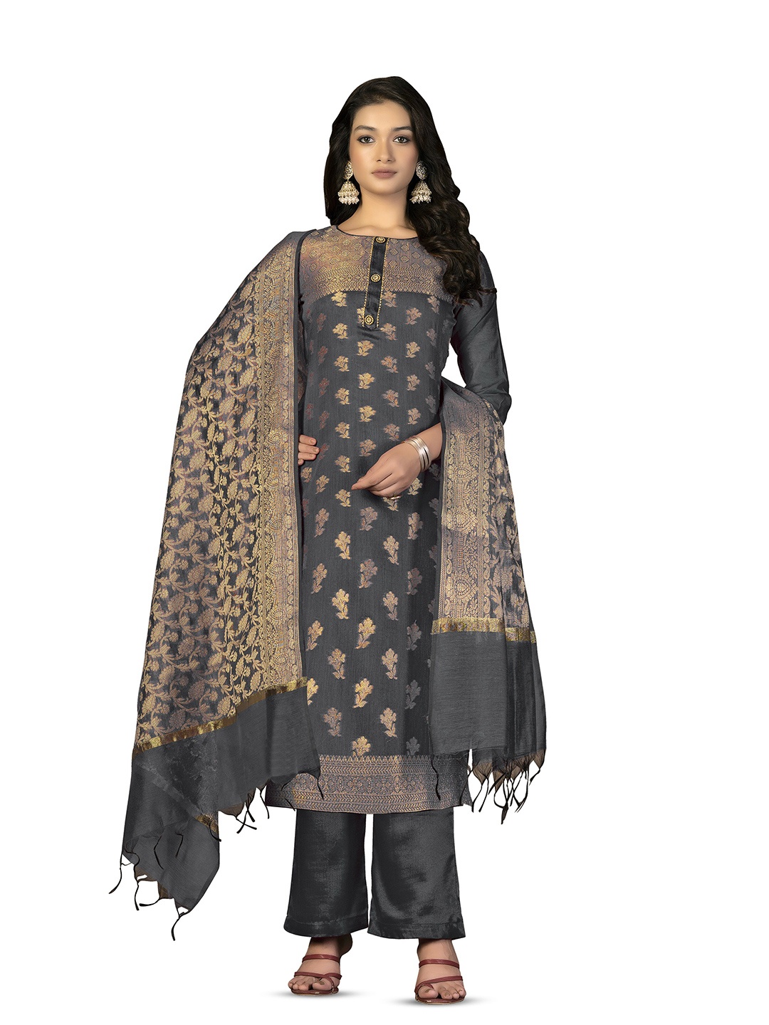 

MANVAA Floral Woven Design Unstitched Dress Material, Grey
