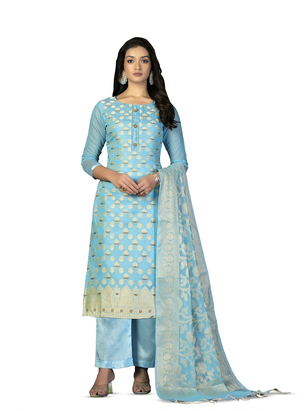 

MANVAA Floral Woven Design Zari Unstitched Dress Material, Blue