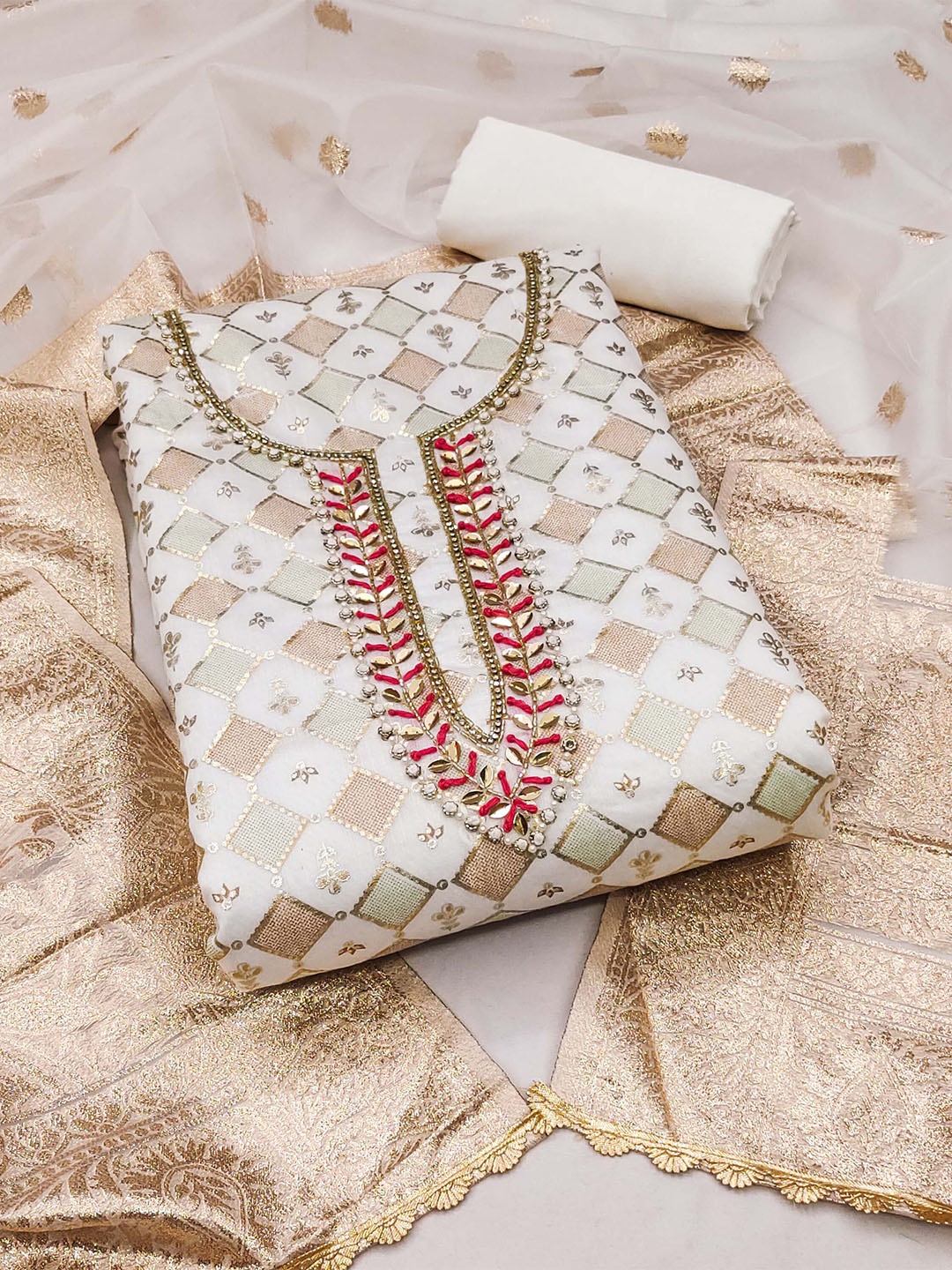 

MANVAA Floral Embroidered Unstitched Dress Material, Off white