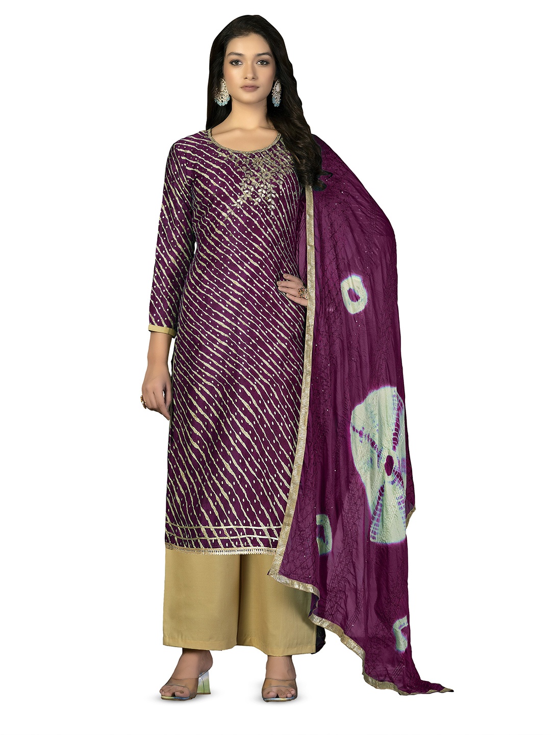 

MANVAA Leheriya Printed Sequined Unstitched Dress Material, Purple