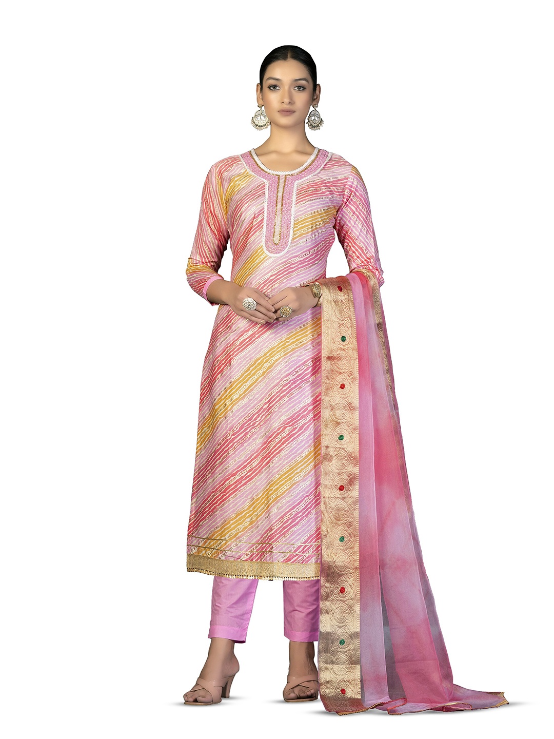 

MANVAA Striped Printed Unstitched Dress Material, Pink