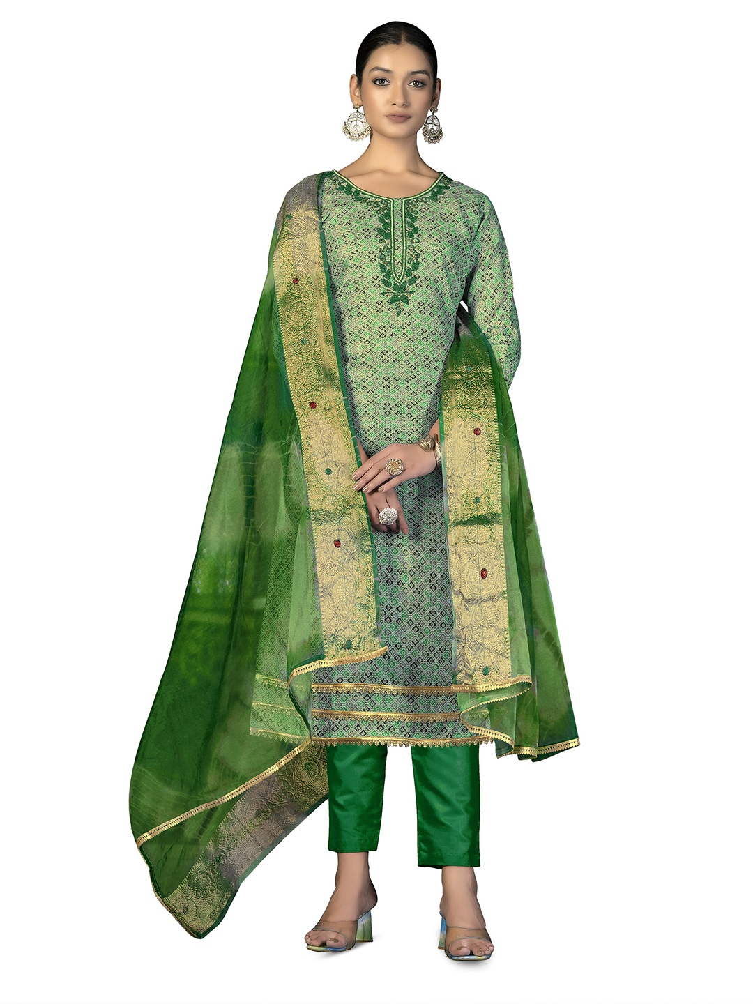 

MANVAA Embroidered Pure Cotton Unstitched Dress Material, Green