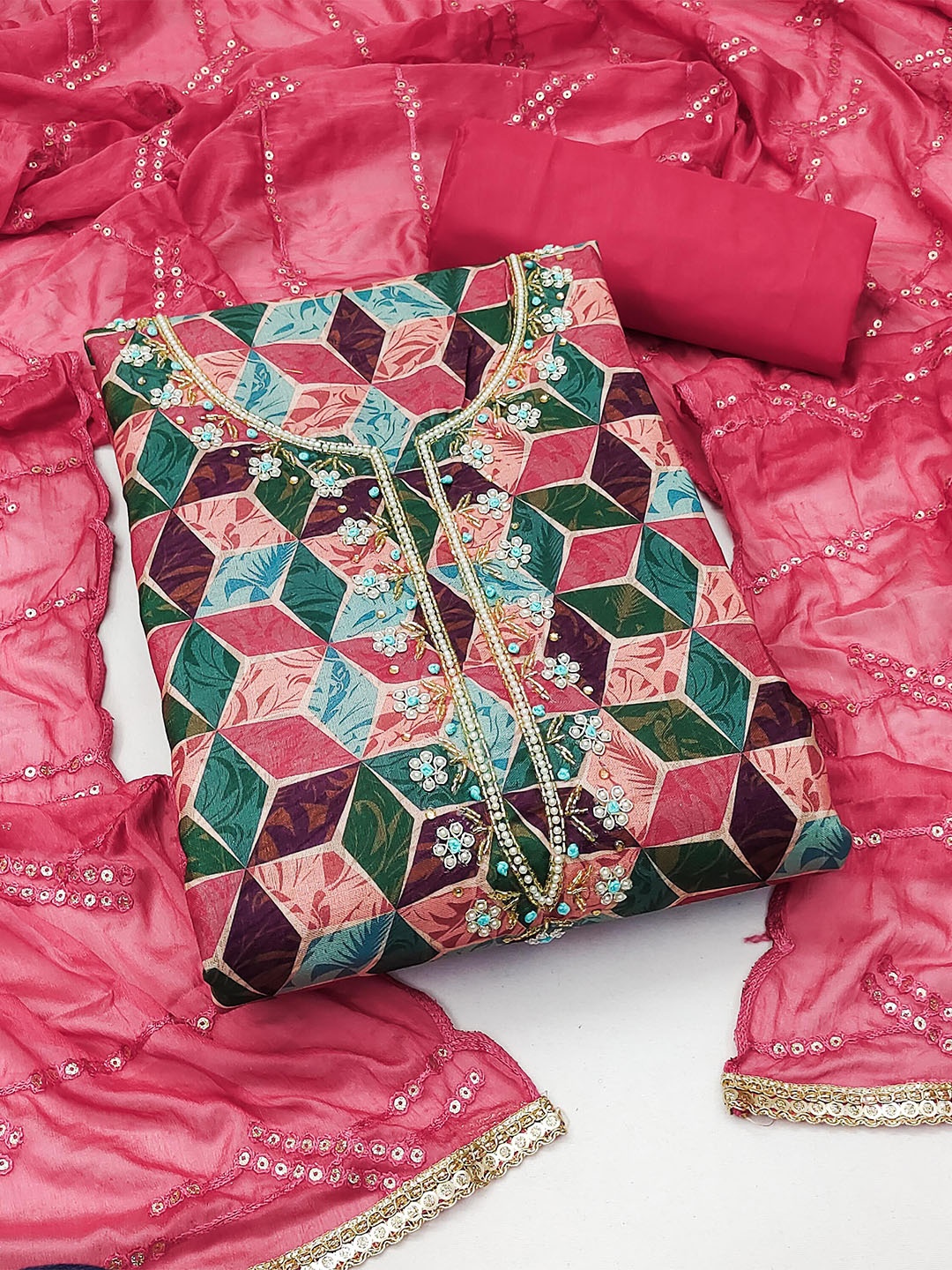 

MANVAA Geometric Printed Unstitched Dress Material, Pink