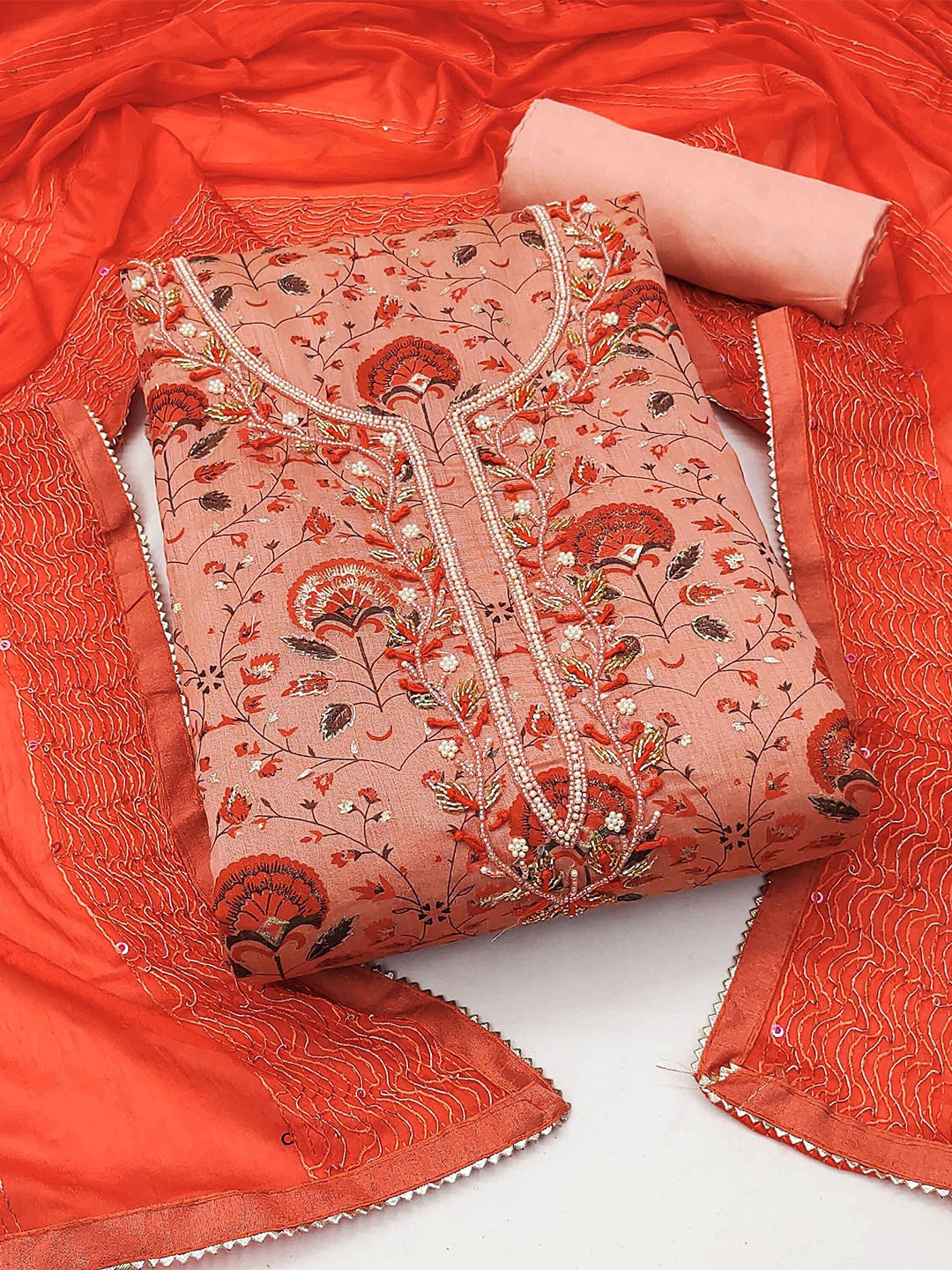 

MANVAA Floral Embellished Unstitched Dress Material, Peach