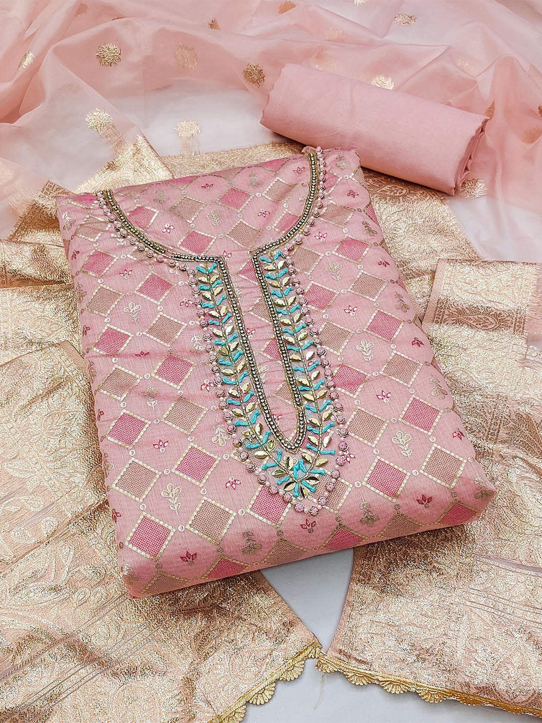 

MANVAA Geometric Embroidered Unstitched Dress Material, Peach