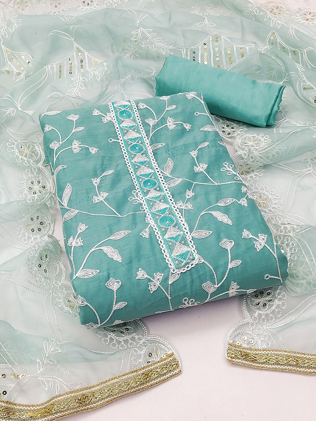 

MANVAA Floral Embroidered Unstitched Dress Material, Sea green