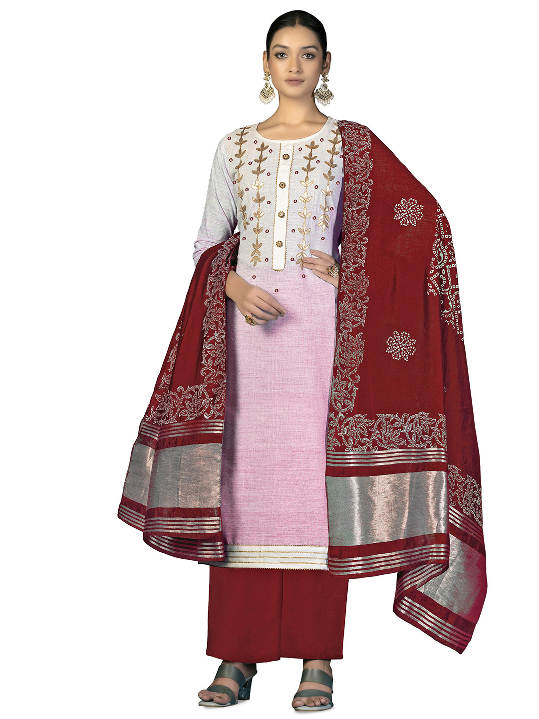 

MANVAA Floral Embroidered Mirror Detail Unstitched Dress Material, Pink