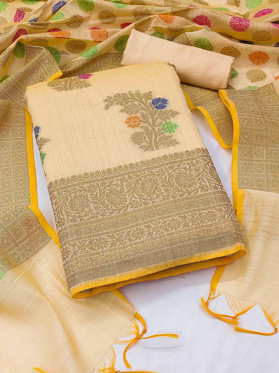 

MANVAA Floral Woven Design Pure Silk Unstitched Dress Material, Beige