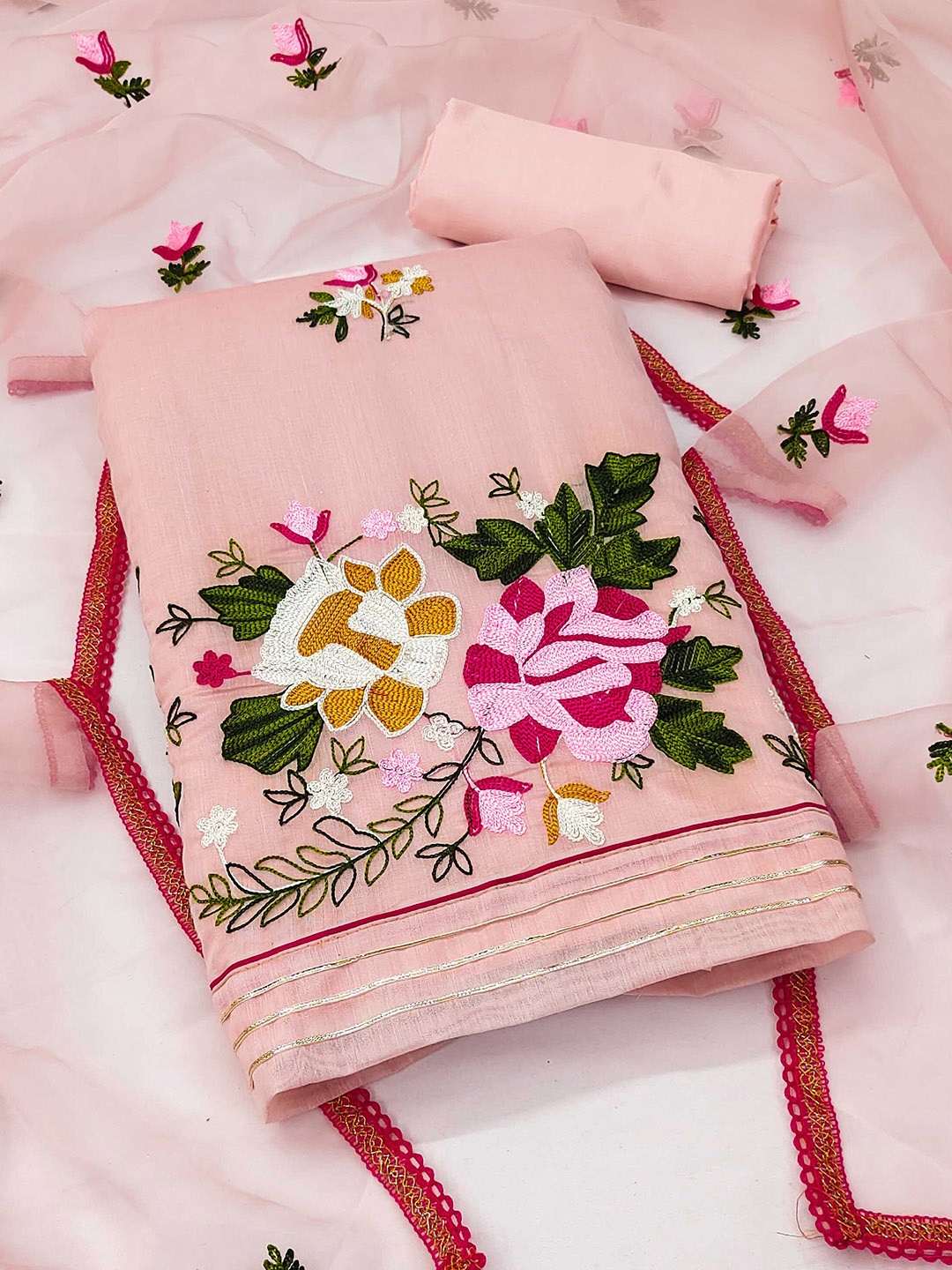 

MANVAA Floral Embroidered Unstitched Dress Material, Peach