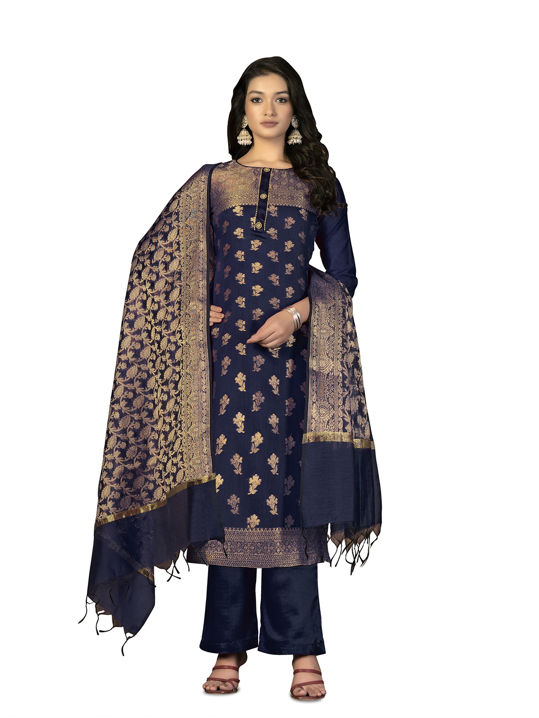 

MANVAA Pure Silk Unstitched Dress Material, Blue