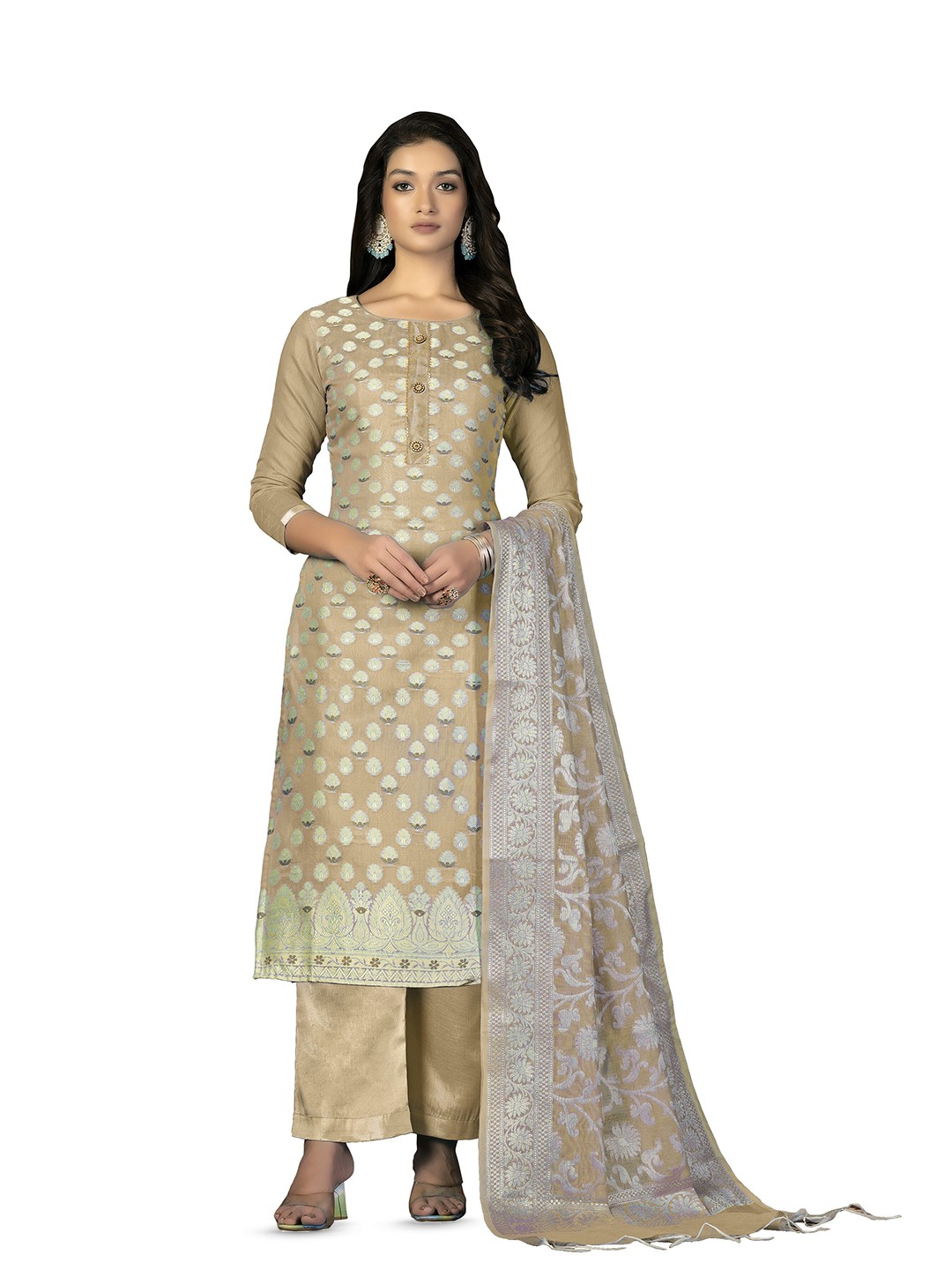 

MANVAA Ethnic Motifs Woven Design Pure Silk Unstitched Dress Material, Beige