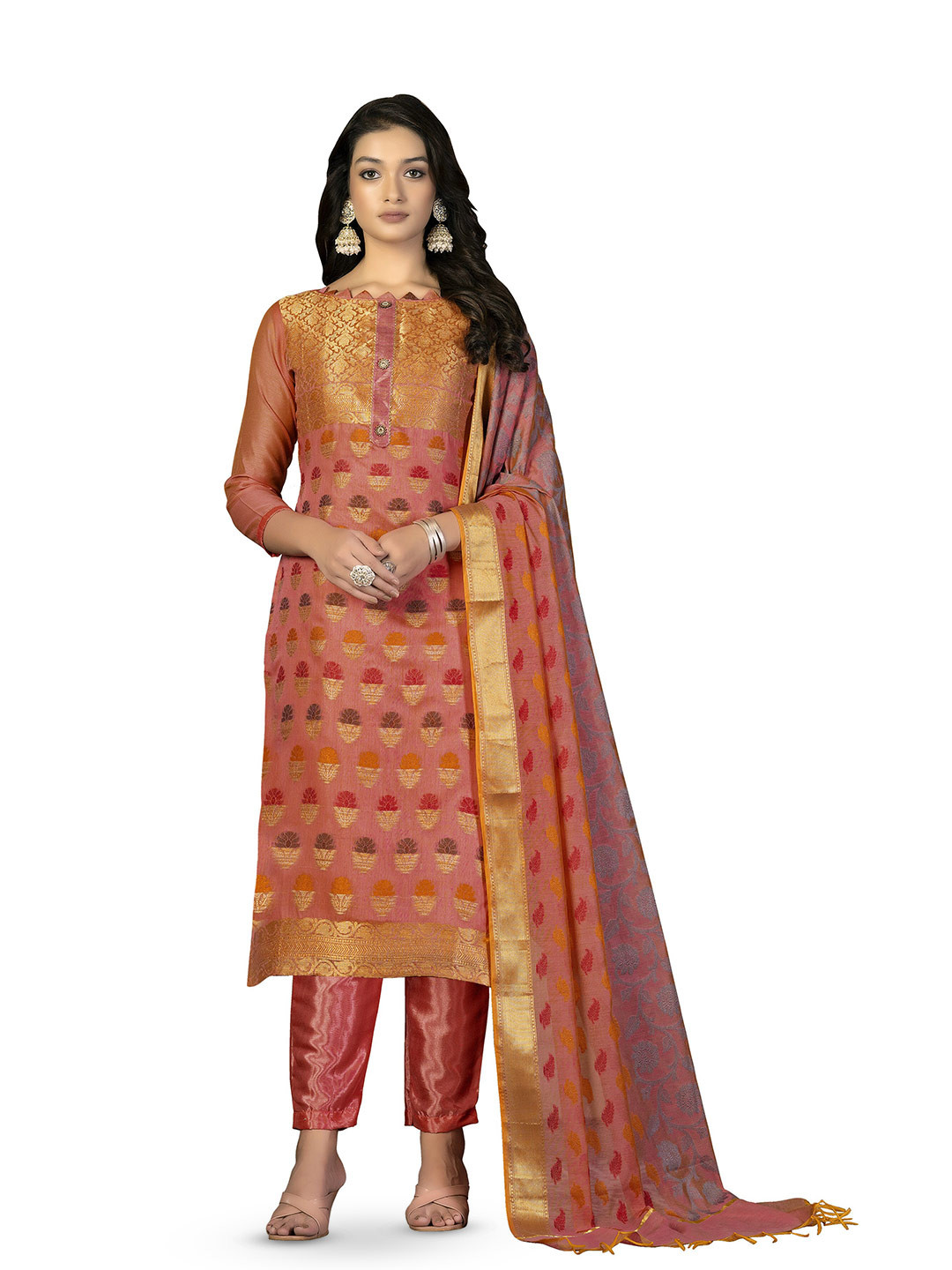 

MANVAA Floral Woven Design Unstitched Dress Material, Peach