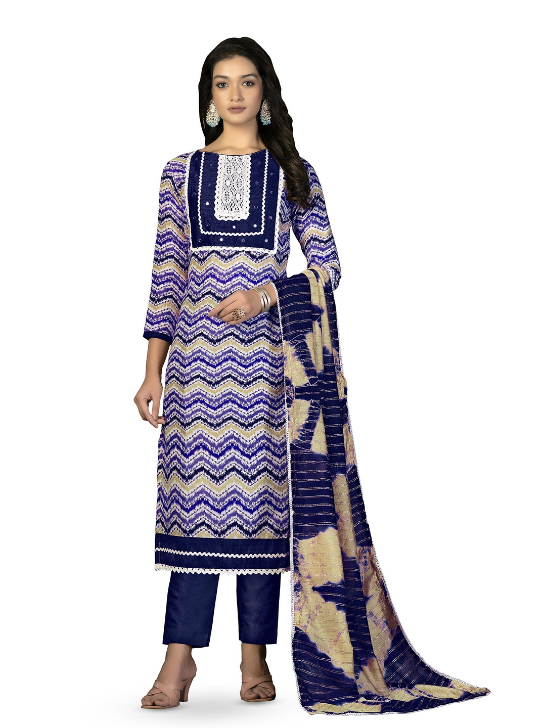 

MANVAA Chevron Printed Pure Cotton Unstitched Dress Material, Blue