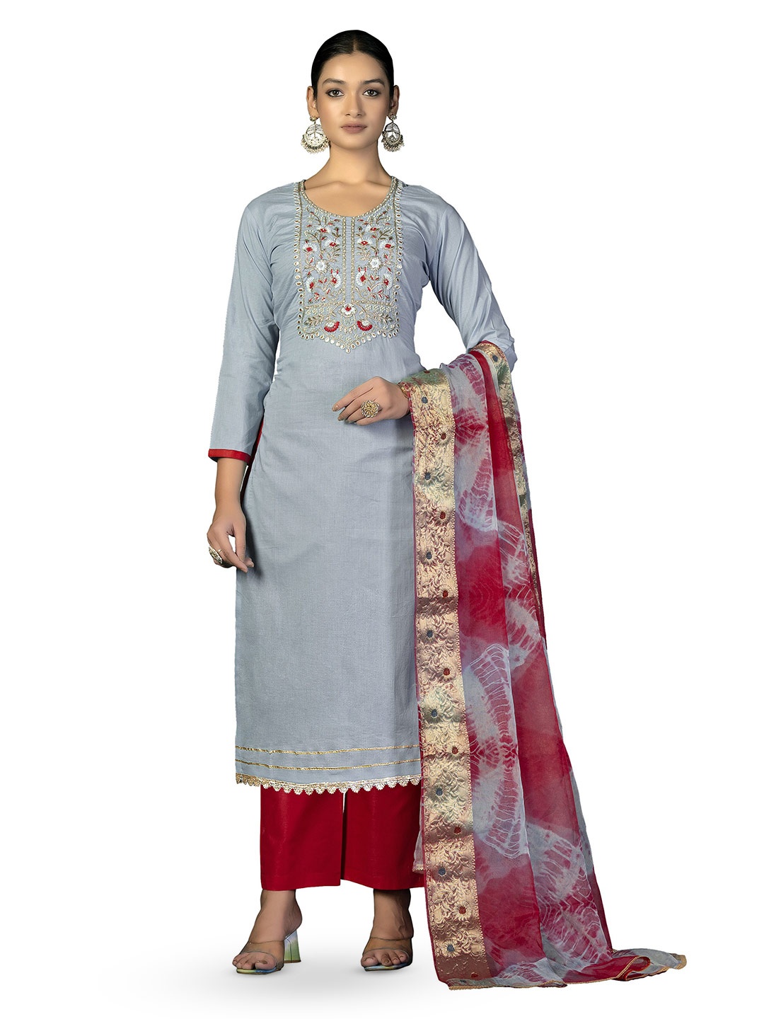 

MANVAA Floral Embroidered Unstitched Dress Material, Grey
