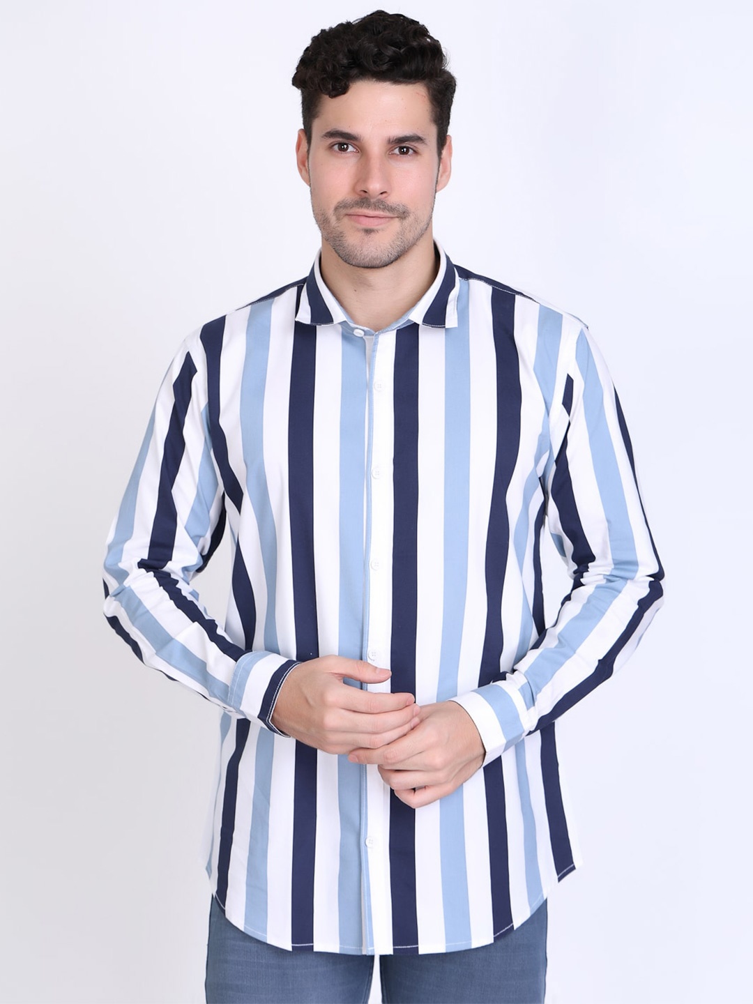 

DEZANO Slim Fit Vertical Striped Cotton Casual Shirt, Teal